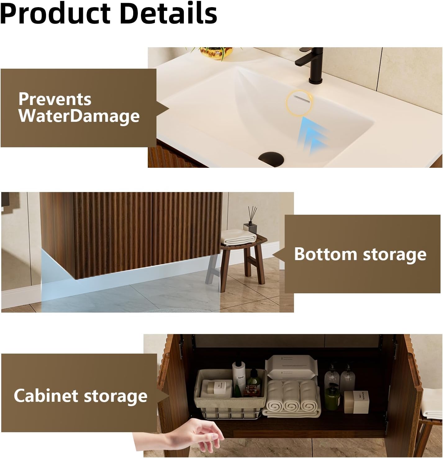 30″Bathroom Vanity Folding Wall Cabinet with Ceramic Sink,Gifts for Women,Modern Undermount Vanity Sinks Cabinet,Free Standing Bathroom Storage Cabinets with Sink Combo Set,Patented,Walnut