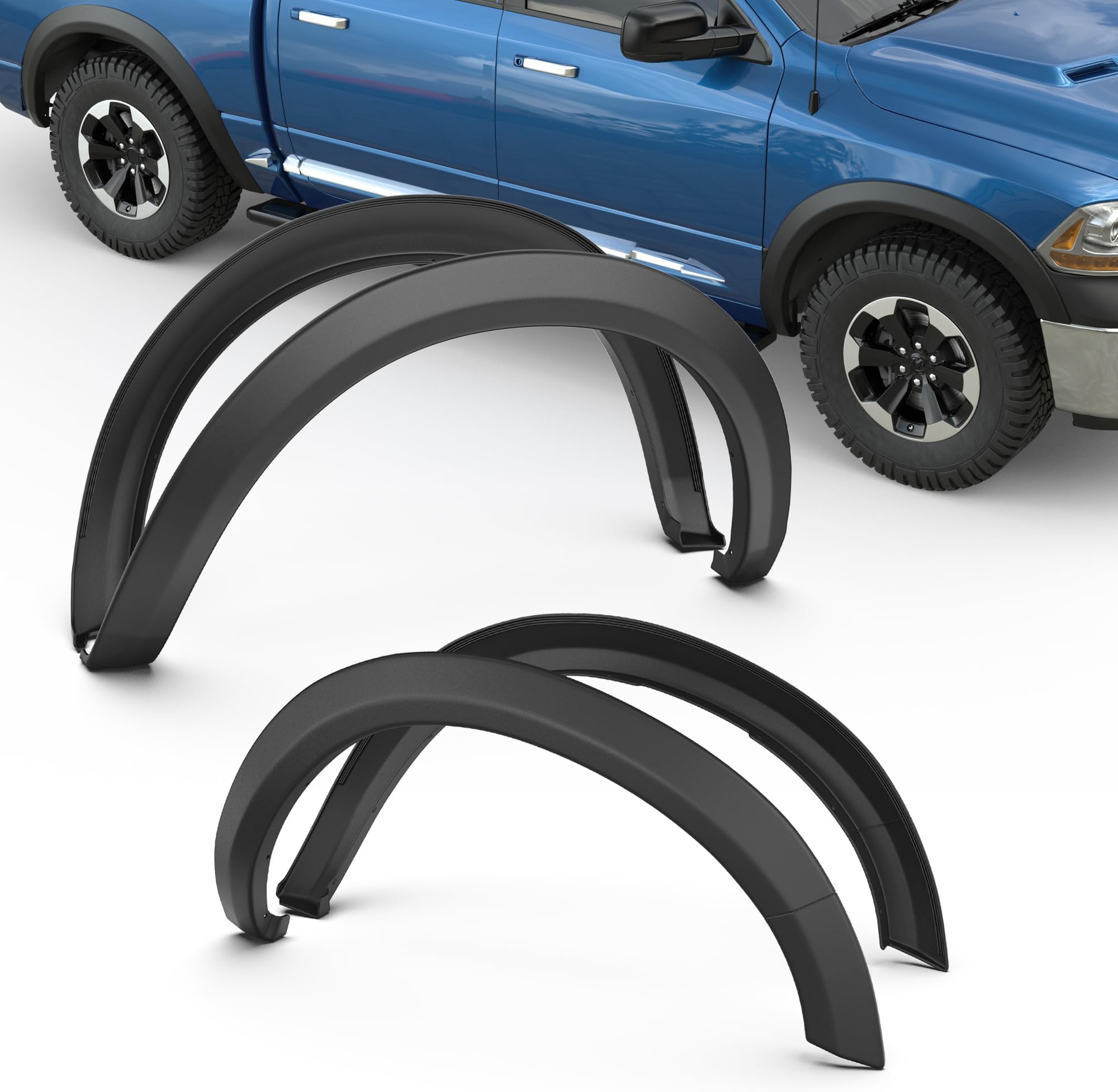 OE Factory Fender Flares Compatible for 2009-2018 Dodge Ram 1500/2019-2022 1500 Classic (Not for R/T, Rebel Models) Smooth Black Paintable Wheel Flare Front Rear 4PCS