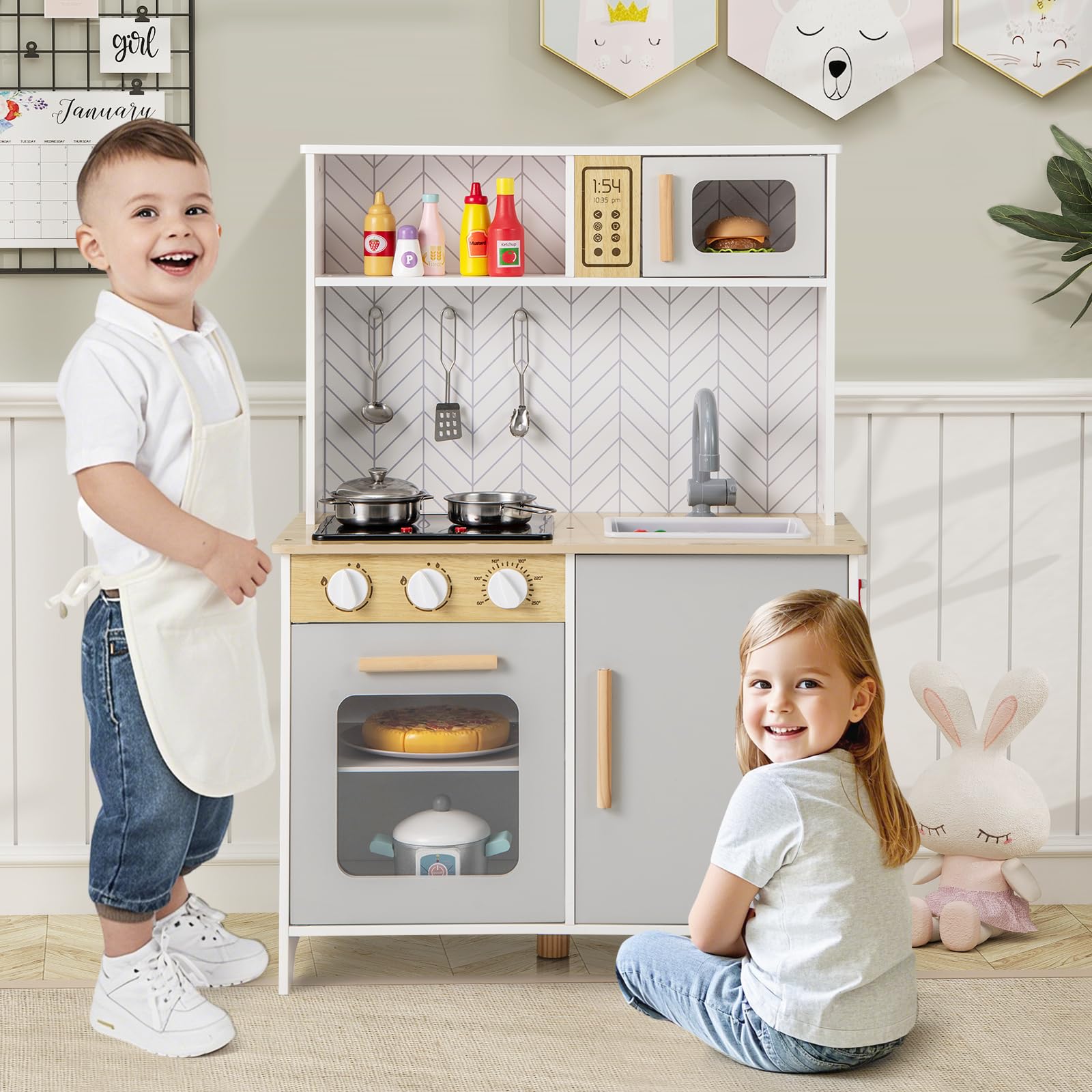 COSTWAY Kinderküche mit Zubehör, Spielküche Holz mit Mikrowelle Herd Spüle Ofen, Kinder Küche mit Licht und Sound, Spielzeugküche Holzküche für Kinder ab 2 Jahren (Weiß)