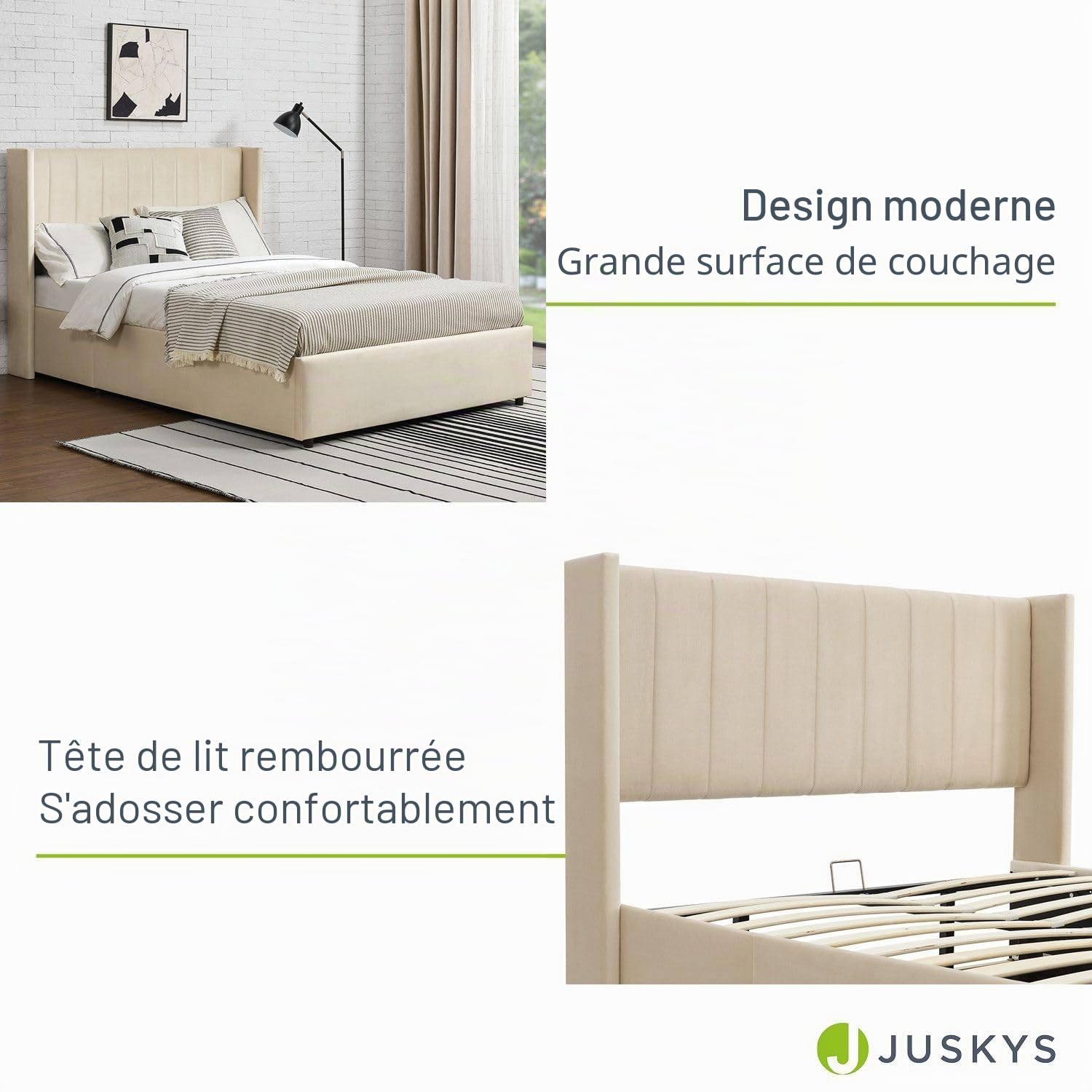 Juskys Lit rembourré Savona 120x200 cm avec Coffre, sommier à Lattes, Housse en Velours, Cadre de lit en Bois, jusqu'à 250 kg, Grande tête de lit, Beige