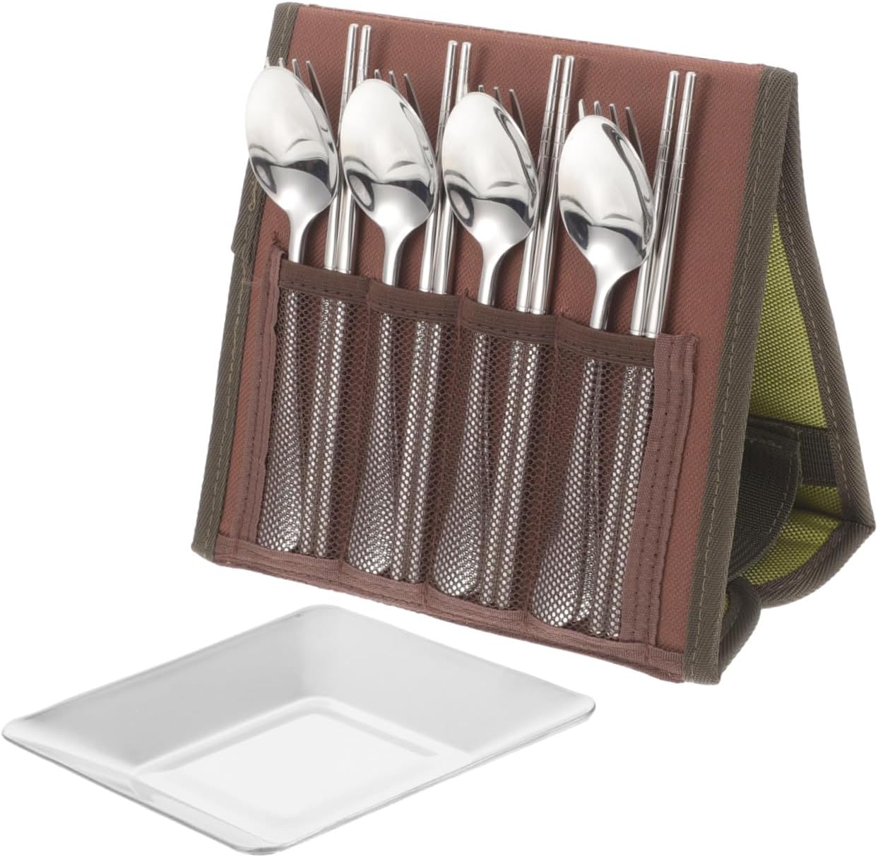 Outdoor Stainless Steel Cutlery Set for 4 People, Picnic Camping Barbecue Tableware with Spoon, Chopsticks, Fork, and Plate, Portable Lightweight Flatware for Outdoor Dining