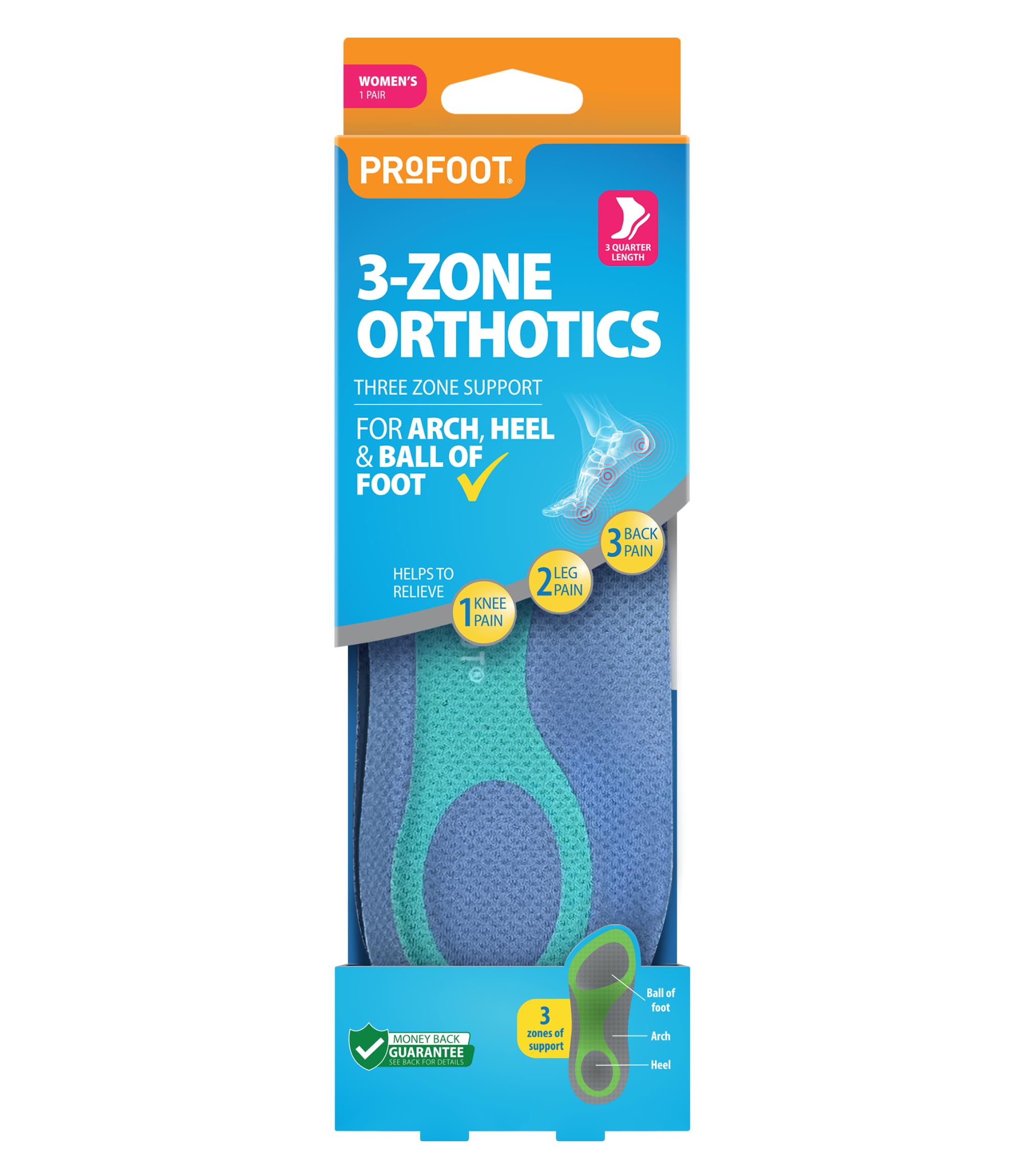 Profoot 3-Zone Orthotics Insole - Advanced Support Insoles for Women - Ideal for Plantar Fasciitis, Knee & Back Pain, and Pronation - Relief for Achilles Injuries - Foot Insoles