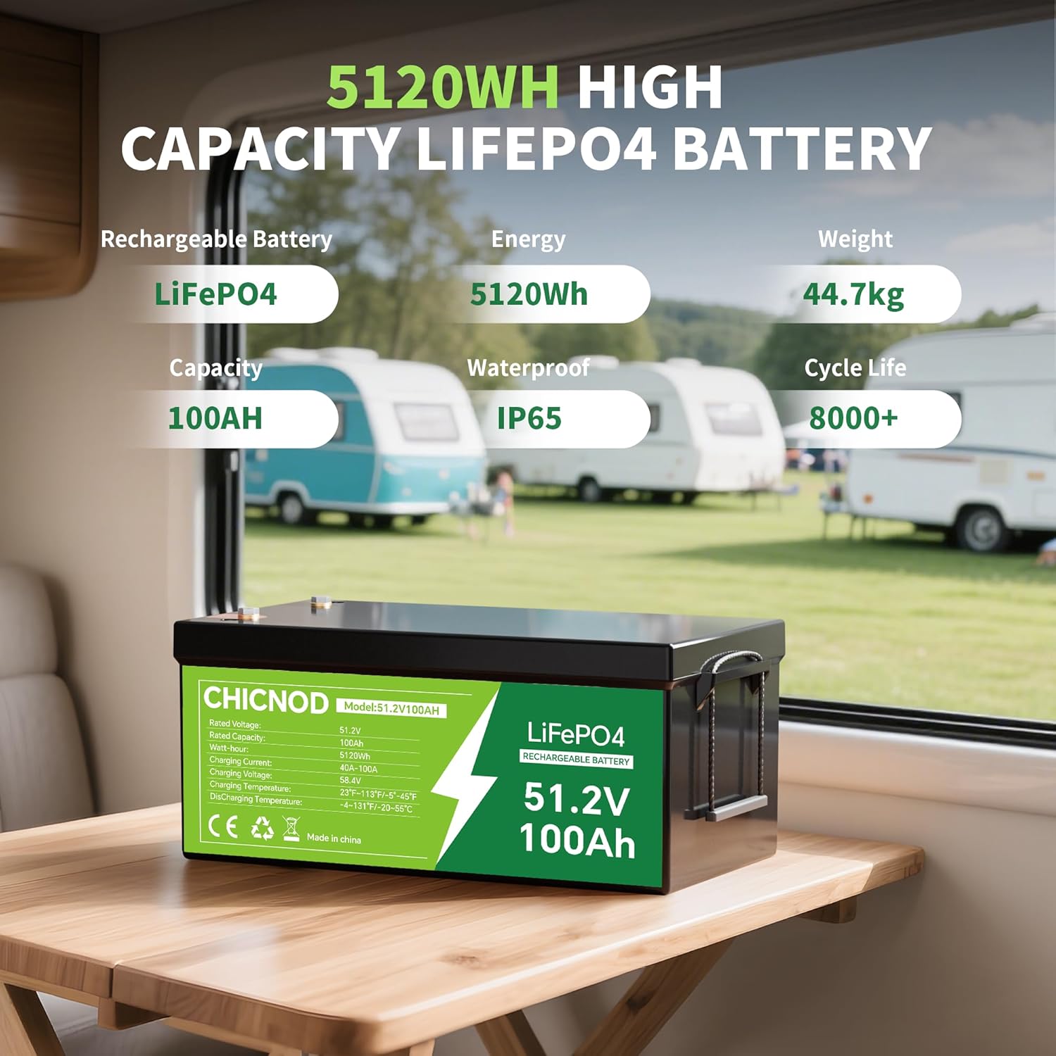 CHICNOD LiFePO4 battery with specifications like 5120Wh, 44.7kg, IP65, 8000+ cycle life