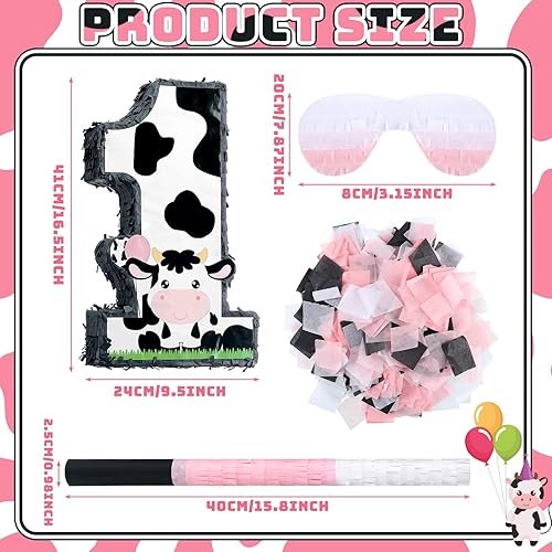 Miniatura 2 de Ferraycle Piñata número 1 de vaca pequeña para decoración de fiesta de primer cumpleaños, suministros de fiesta de cumpleaños de granja de vacas