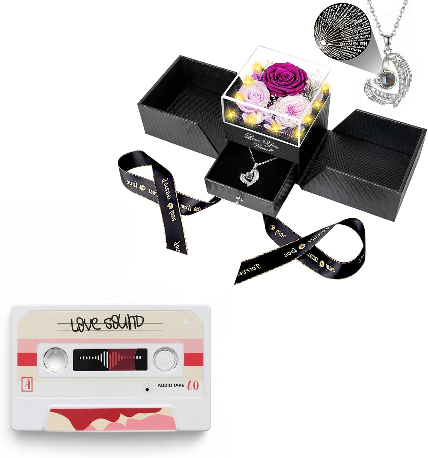 DRTINA Preserved Three Real Purple Rose+Voice Recordable Greeting Card Bundle