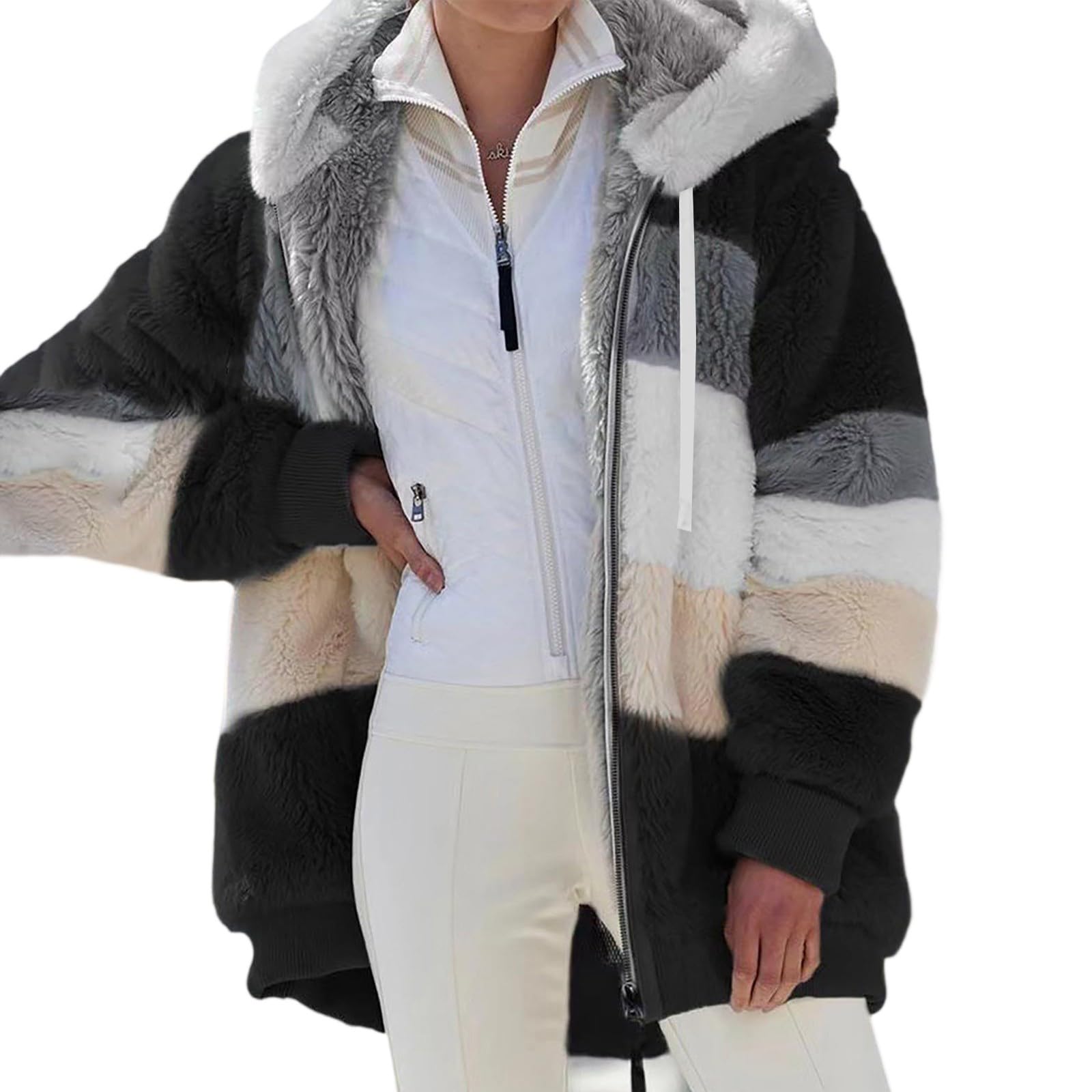 Teddyjacke Damen Mit Kapuze Winterjacke Flauschig Plüschjacke Warm | Teddy Fleecejacke Damen Kuscheljacke Frauen Winddicht Teddy - Mantel Zipper Plüschmantel Casual Flauschjacke Mit Taschen