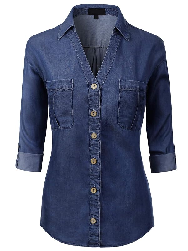 MixMatchy Women's Casual Basic Roll Up Sleeve Denim Chambray V-Neck Tencel Button Down Shirt Dark Denim 2XL by MixMatchy - Used condition - US$27.64