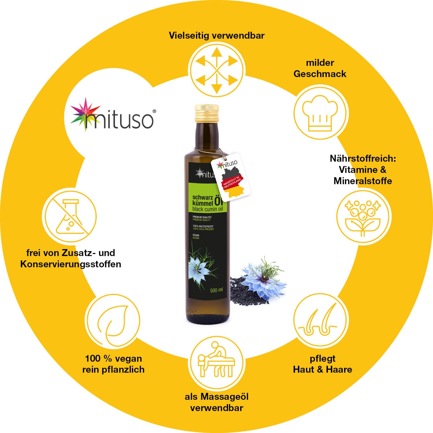 Huile de cumin noir mituso, 100% pur et pressé à froid, 1 paquet (2 x 500 ml)