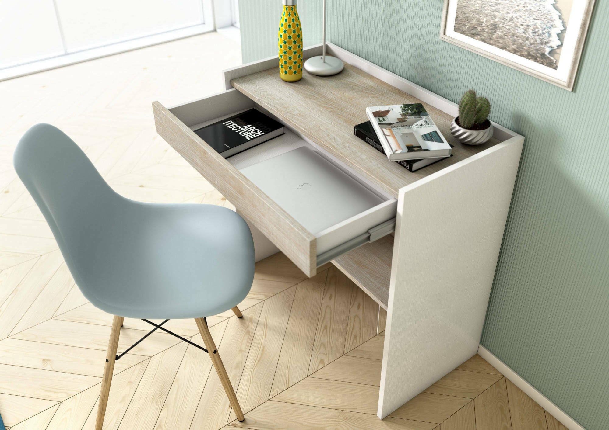 Dmora - Scrivania Clematide, Scrittoio moderno con cassetto, Tavolo da studio o ufficio porta PC portalibri, 100% Made in Italy, 80x40h79 cm, Bianco e Rovere