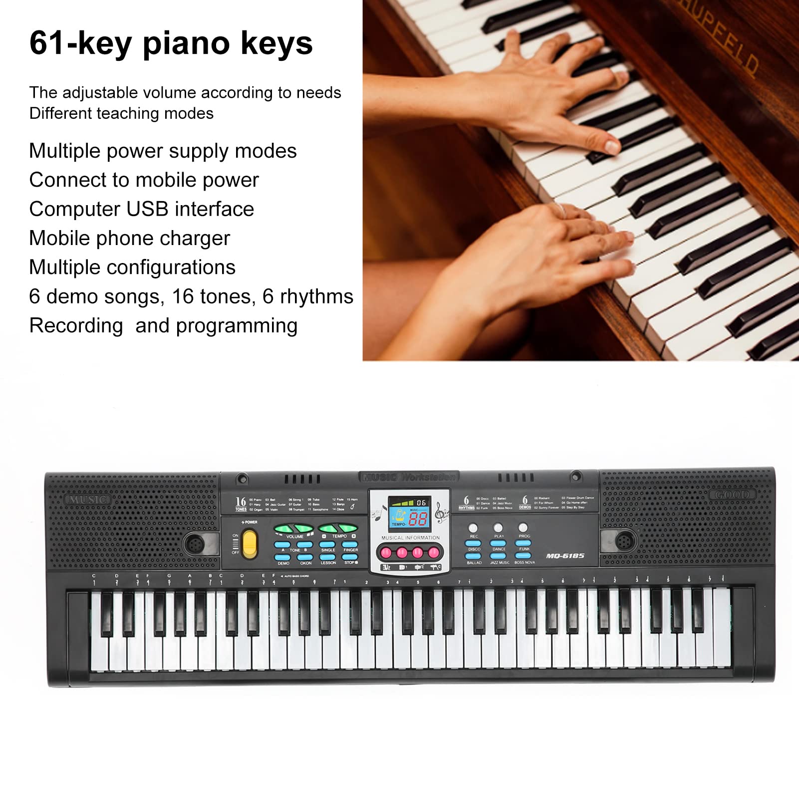 Teclado Electrónico 61 Teclas Portátil Multifuncional con Micrófono para Principiantes Compatible con Dispositivos Móviles Ideal para Aprendizaje Musical y Entretenimiento en Casa o Estudio