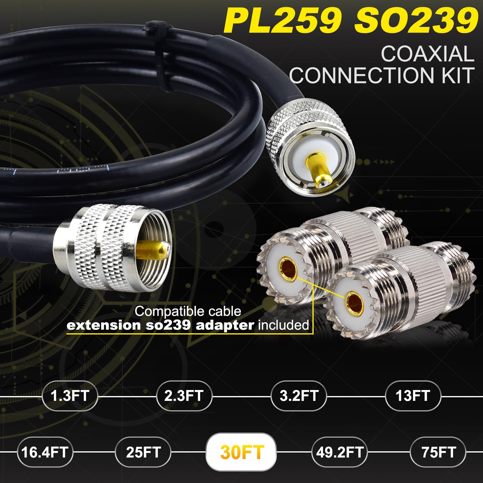Kabel antenowy CB 9,1 m, kabel koncentryczny PL259 RG58, kabel koncentryczny UHF PL259 męski + 2 adaptery żeńskie UHF SO239 50 Ohm do radia CB Ham, miernik SWR, analizator antenowy, radio HF,