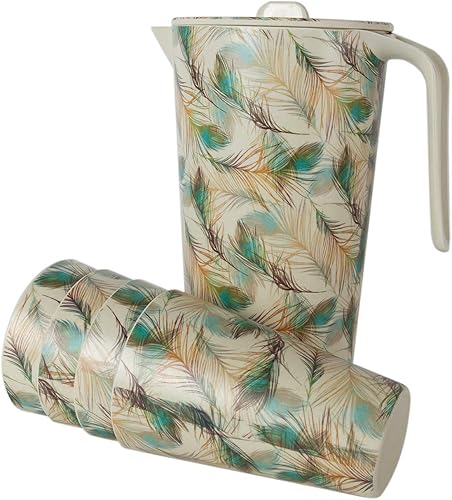 Miniatura 9 de Jarra de agua con tapa y 4 tazas de fibra de bambú para beber patrón de hojas para interior y exterior