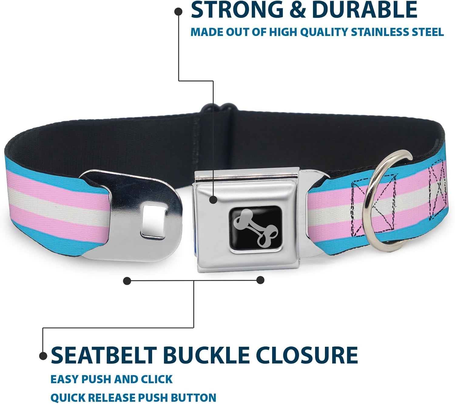 Dog Collar Seatbelt Buckle Flag Transgender Baby Blue Baby Pink White 16 to 23 Inches 1.5 Inch Wide