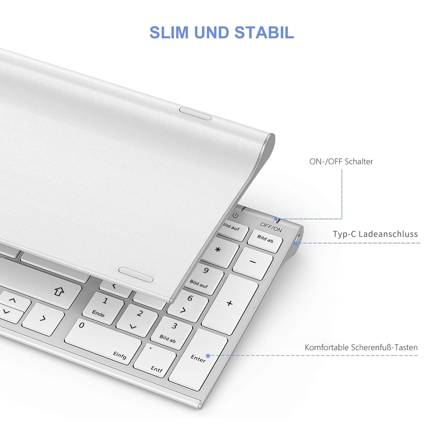 seenda WGJP-031B teclado ratón Set Inalámbrico, QWERTZ Layout, Blanco y Plata | Teclado de aluminio recargable con teclado inalámbrico compacto y ultrafino con ratón para PC, ordenador portátil, Smart TV