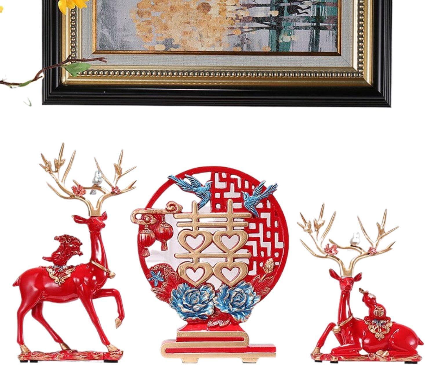 Light luxury creative house Zilu ornaments living room entrance TV cabinet wine cabinet home decoration new home moving gifts淘宝喜庆红情侣鹿 喜字摆件