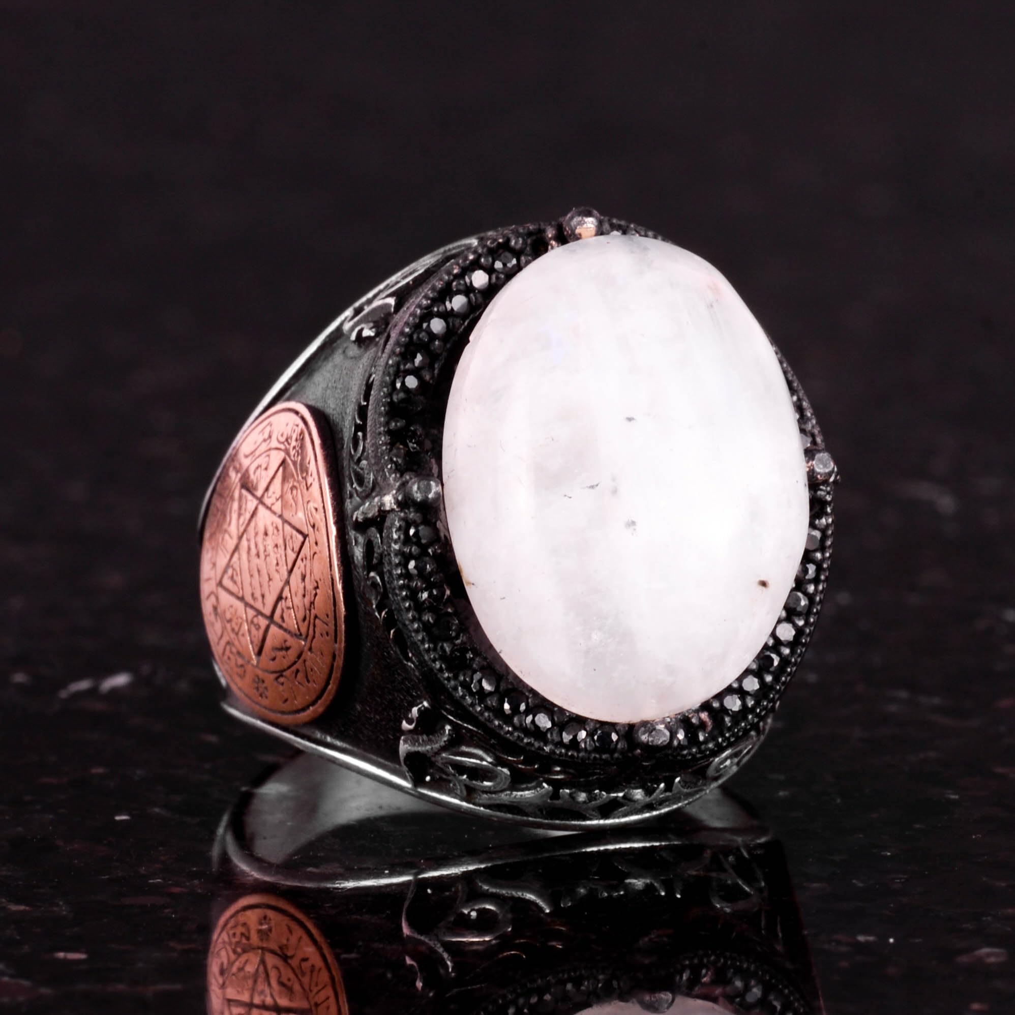 KAMBO Siegel des Salomon Ring, Mondstein Edelstein Ring - Mystischer 925K Massiver Sterling Silber Herrenring - Mondstrahlung Design, Silberedelstein, Mondstein, Silberner Edelstein, Mondstein