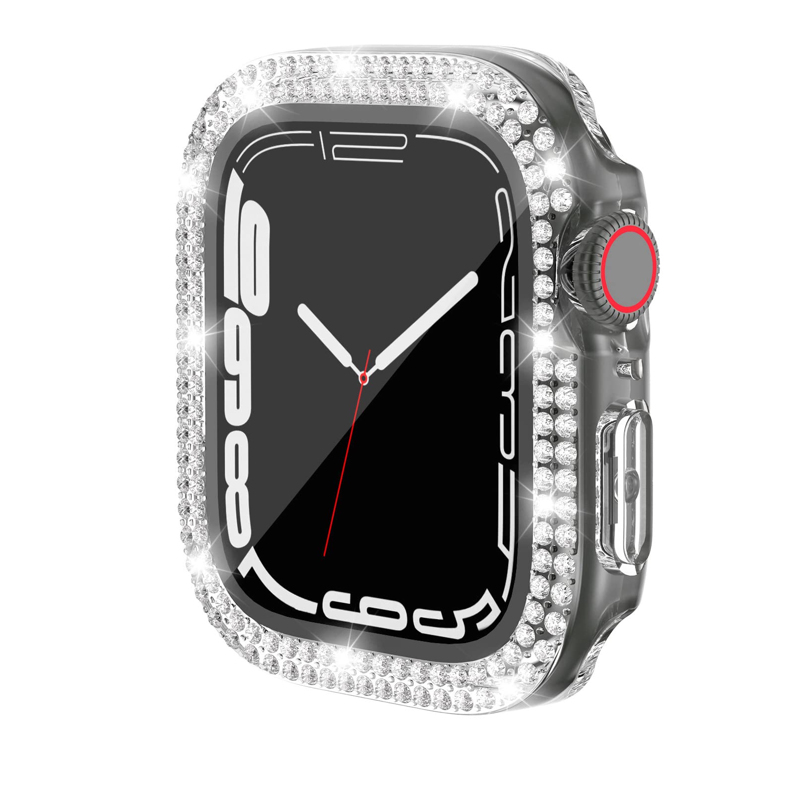 HANKN Bling Case for Apple Watch Series 9 8 7 45mm Tempered Glass Screen Protector Case, Hard PC Shockproof Sparkling Crystal Diamond Rhinestone Women Iwatch Bumper Cover (45mm, Clear Bling)