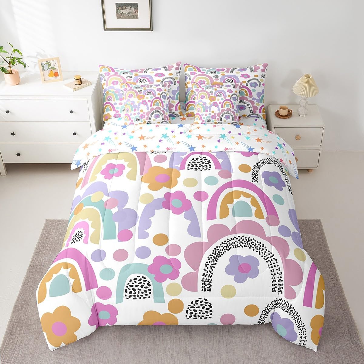Castle Fairy 7 Pieces Full Size Abstract Rainbow Comforter Set,Watercolor Flowers Bedding Set for Girls Room Decor,Colorful Polka Dots (Comforter+Fitted+Flat Sheet+2 Pillowcases+2 Throw Pillow Covers image 3
