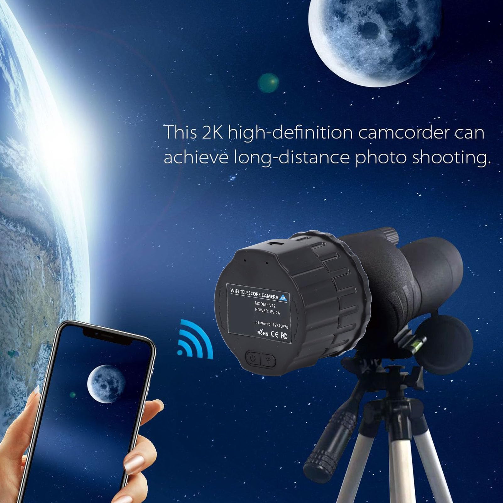 Caméra Oculaire de Télescope WiFi, Caméra Oculaire électronique 4MP, Enregistrement Vidéo 2K, pour Télescopes Optiques et Microscope de 25 Mm à 50 Mm