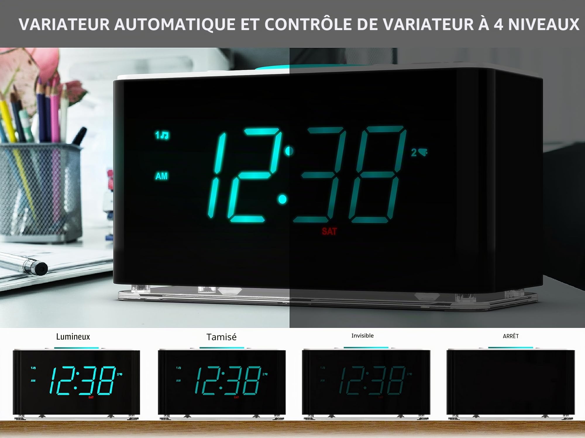 iTOMA Radio Réveil, Chargeur sans Fil Ultra - Rapide 15W avec Bluetooth, Port de Charge USB, Double Alarme, Minuterie de Sommeil, Snooze, Variateur, FM Radio, écran LED Cyan de 1,4 Pouces CKS207