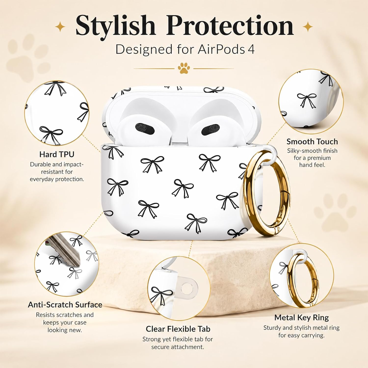 Compatible with AirPod 4 Case 2024 Hard Shell Protective Cover for Airpod 4th Generation with Gold Ring Keychain Shockproof Anti-Scratch Case for Women Men(Bow Beige) image 2