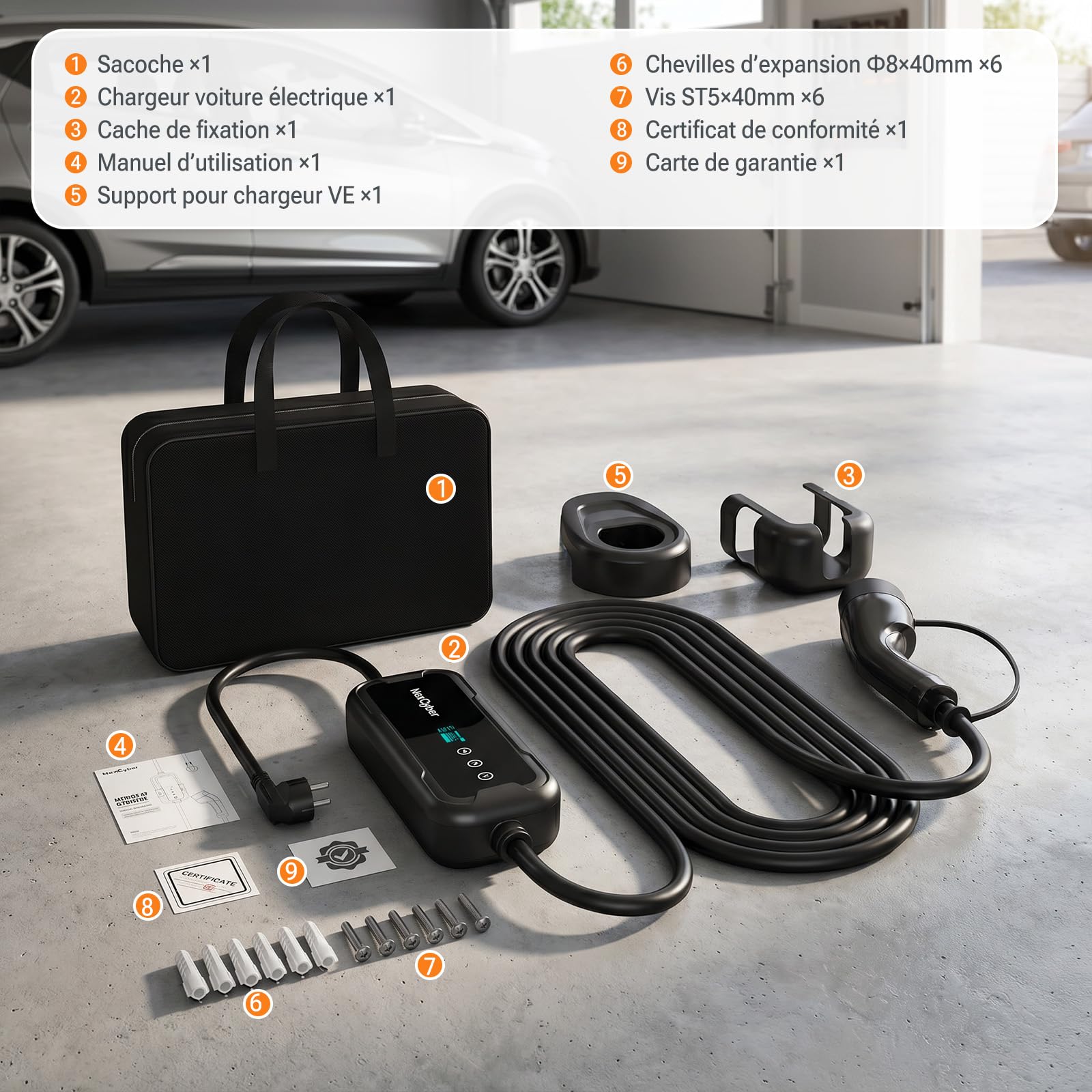 Chargeur Voiture Electrique 3.68kW Mobile avec App & OLED, 5,6M monophasé 230V, 8-16A réglable, Prise CEE 20A 2 pôles IP66+FI, Type 2, Mural & Portable, pour Model 3/Y, ID.3, etc. BEV/PHEV