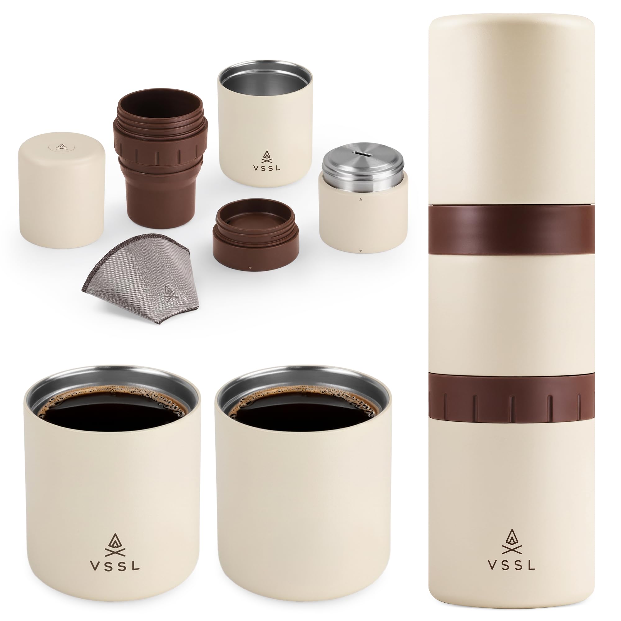 Nest Pour Over Coffee Kit | Coffee Maker for Camping | All-In-One Travel Pour Over | Transportable Dripper, Two 10oz Stainless Steel Travel Mugs | Compact Storage & Adventure Ready | Cream