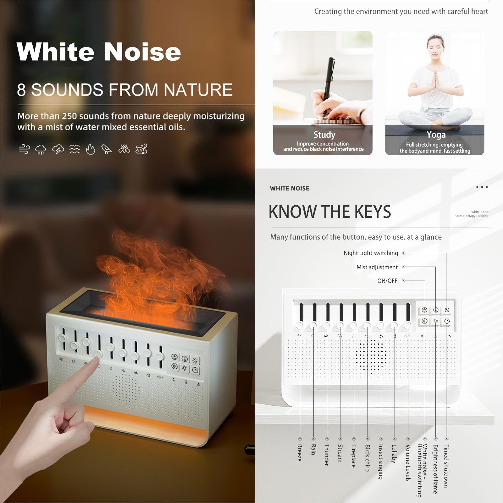 Difusor de Aceites Esenciales, Moderno Diseño 3 en 1, Simular Llama Humidificador Aceites Esenciales, Agregar Agua Encima, Humificador de Aromas, con Luz Nocturna, Reproductor Bluetooth