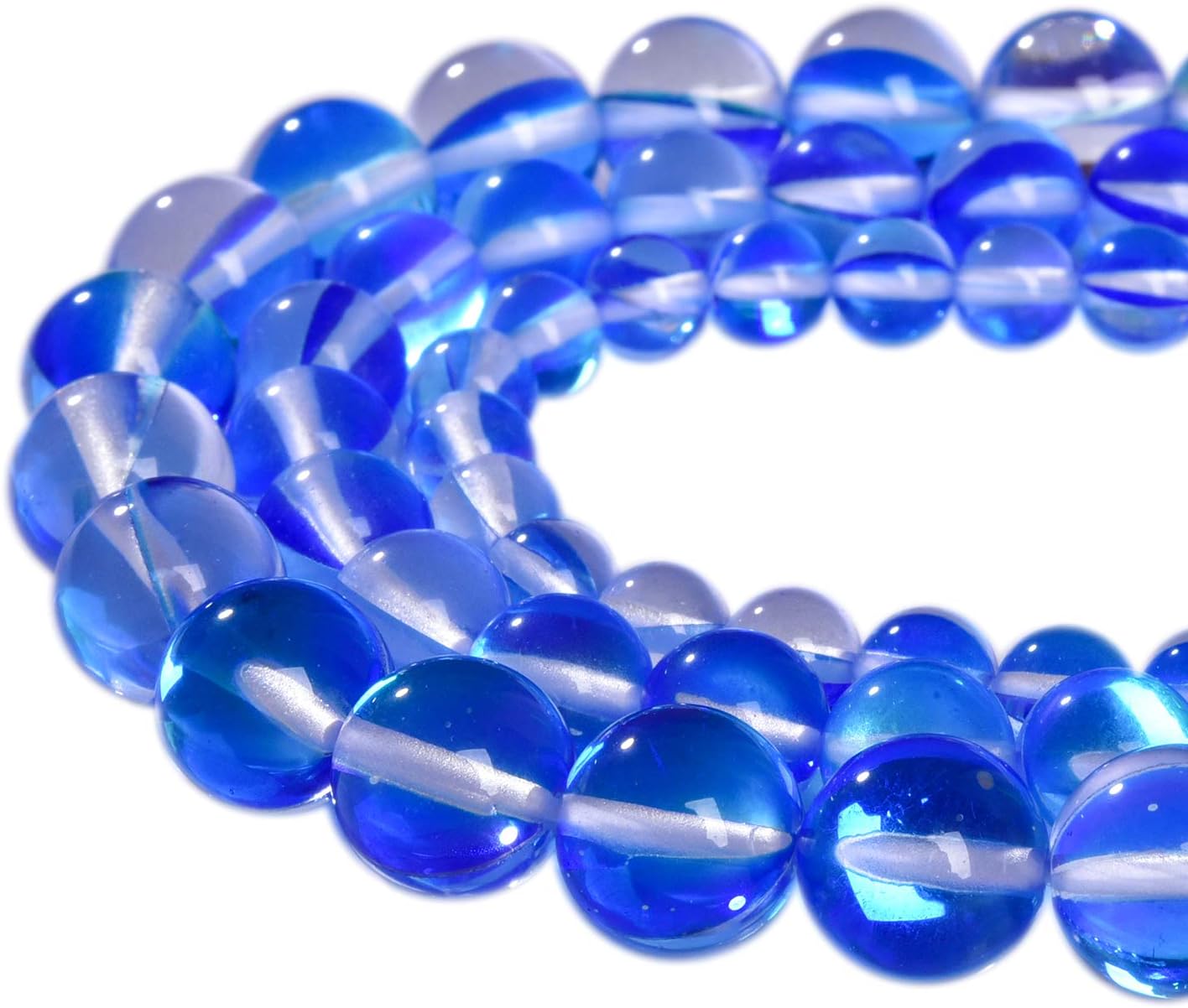 38PCS 10mm Blue Angel Aura Quartz Round Gemstone Polished Mermaid Aura Moonstone Smooth Stone Loose Beads Crystal Quartz for DIY Jewelry Making 1 Strand 15'
