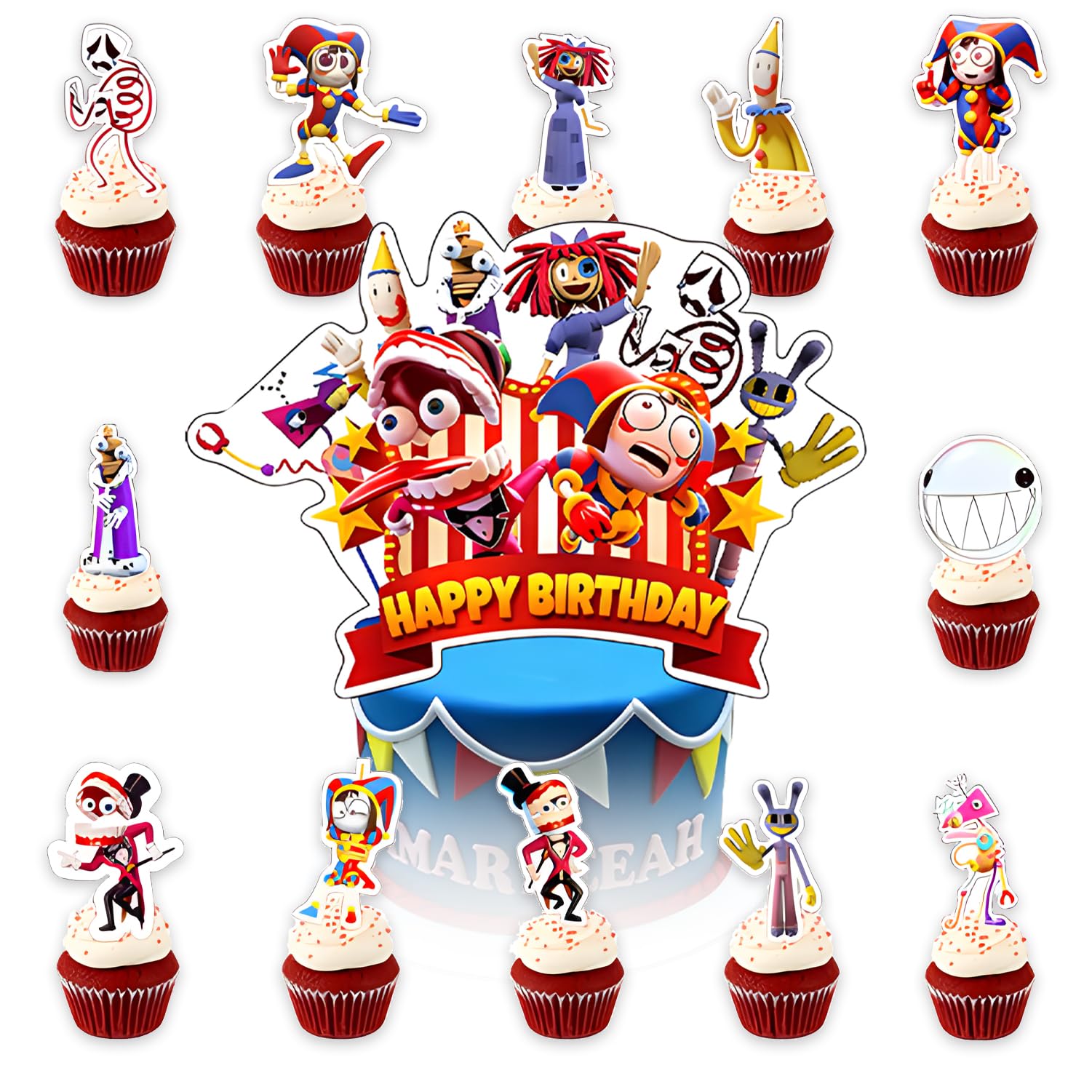 25pcs Digital Circus Cake Decorations with 24pcs Cupcake Toppers, 1pcs Cake Topper for Tenn Girl Boy Birthday Party Supplies