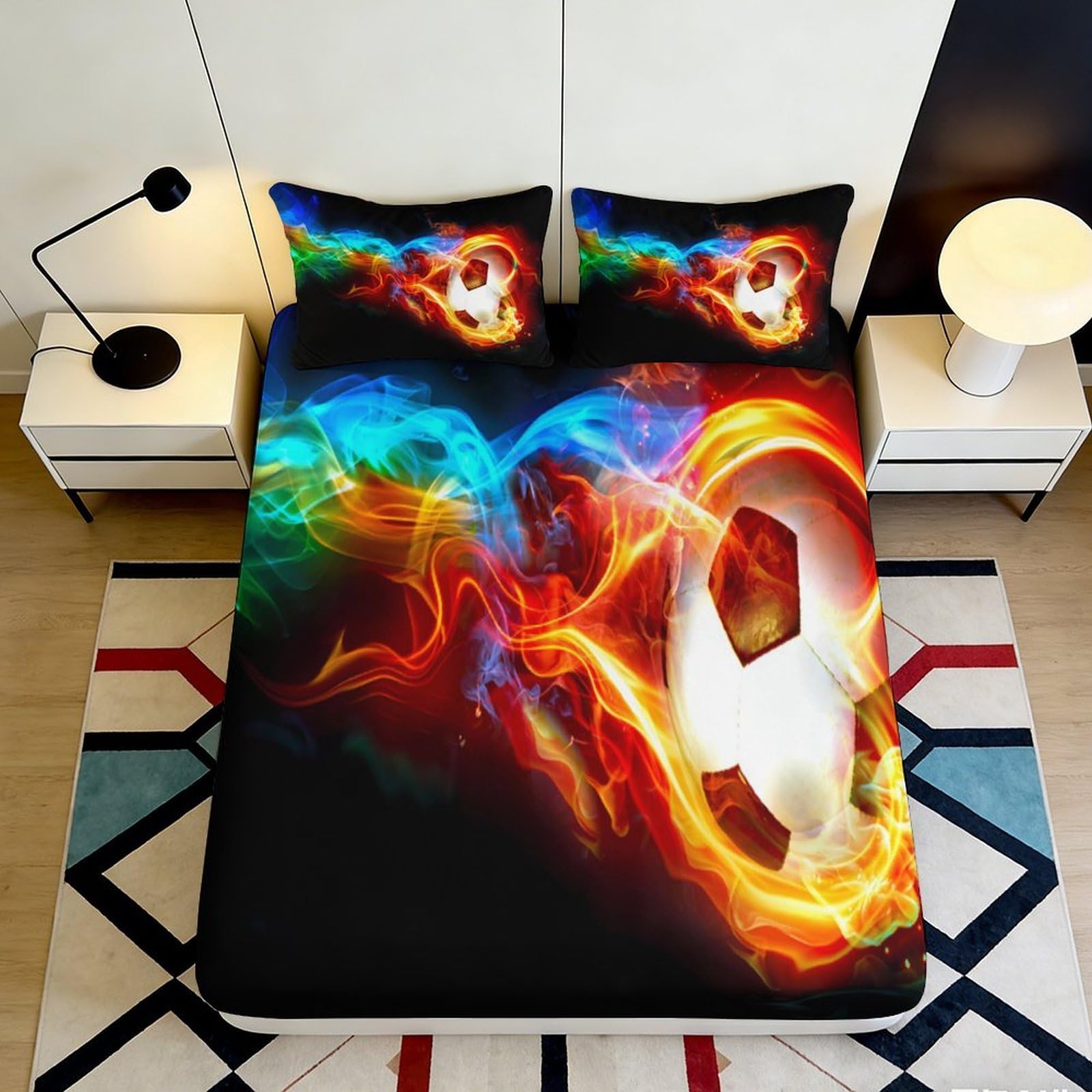 3D Printed Fiery Soccer Ball Fitted Sheet Microfiber Vibrant Rainbow Bed Cover for Adult Teen Bedroom Decor 90x200x25cm