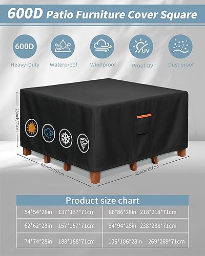 Miniatura 3 de Funda impermeable para muebles al aire libre, 62 pulgadas de ancho x 62 pulgadas de largo x 28 pulgadas de alto, juego de mesa cuadrada 600D Negro