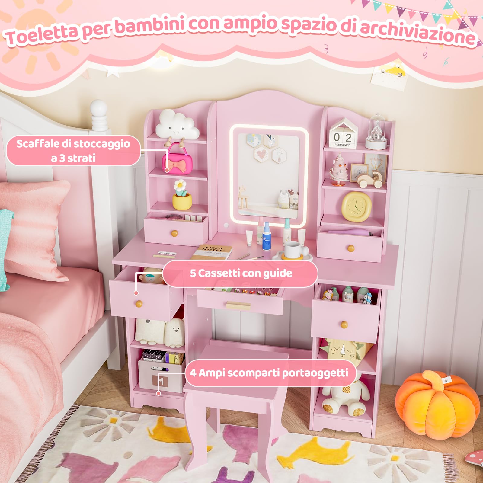 MAMIZO Toeletta Trucco Bambina con Sgabello LED, Toeletta per Bambini con Sedia, 5 Cassetti e 10 Scomparti Portaoggetti, 3 Modalità di Illuminazione Regolabili, 95x34x118cm, Rosa