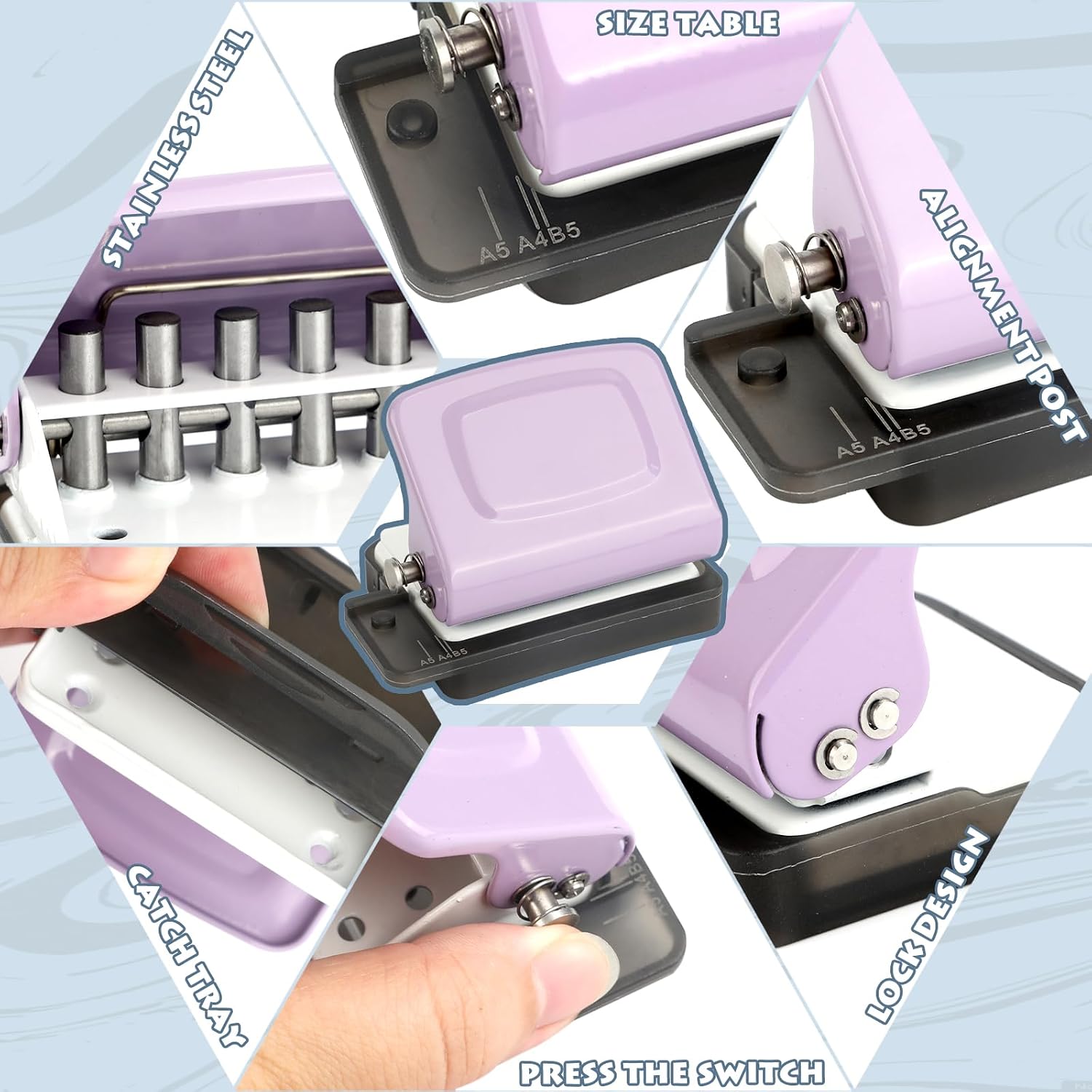 6 Hole Puncher Mini Binding Machine, Durable Metal Adjustable Lightweight Hole Punch with Non-Slip Grip One-Hand Operation for B5 A4 A5 Paper Office Supplies