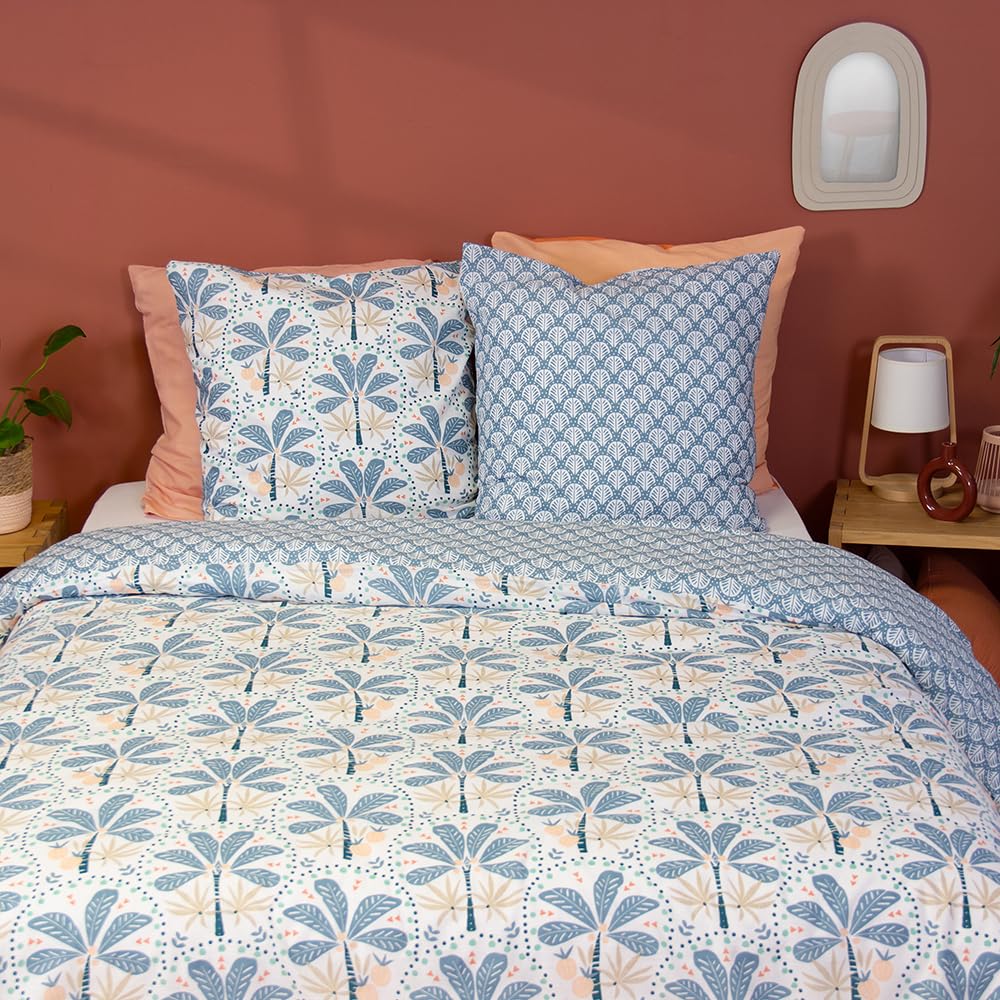 Parure de lit 220x240 cm au motif géométrique et fleuri bleu réversible