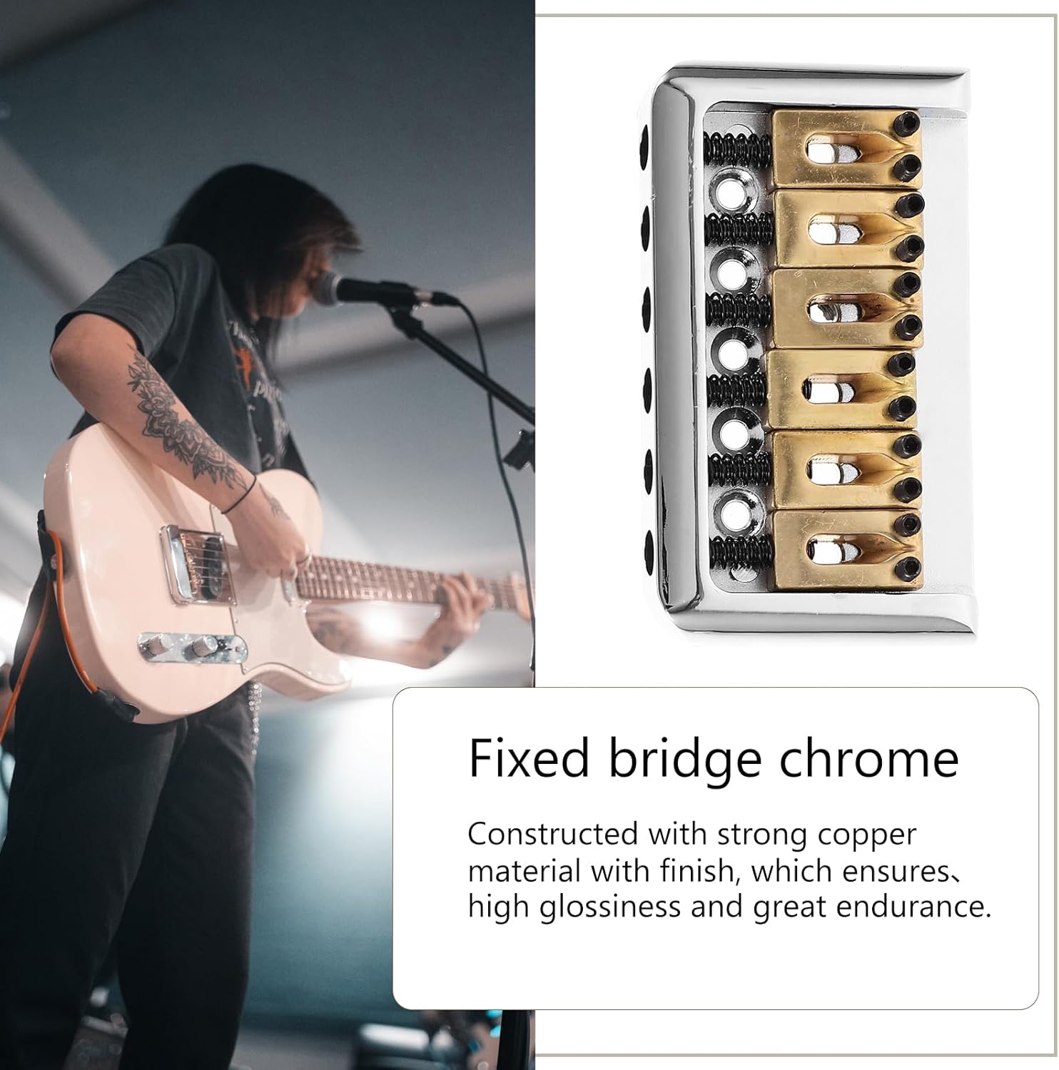 6 String Hard-tail Fixed Bridge Set with Wrench and Screws for Electric Guitar Replacement Parts guitar bridge, bridge(Golden)
