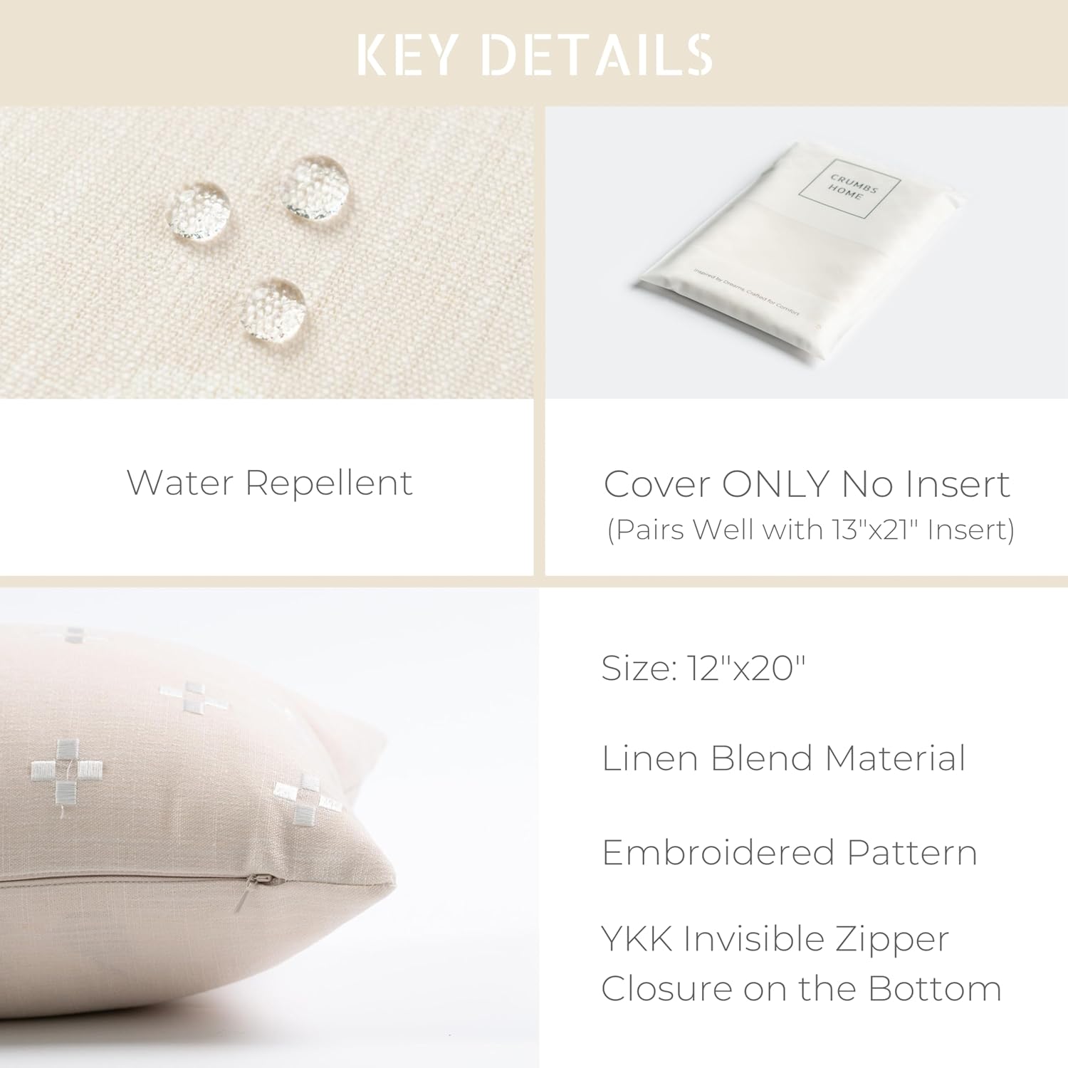 Crumbs Home Coastal Linen Indoor Outdoor Lumbar Pillow Cover Only, 12"x20" Water Repellent for Patio, Backyard, Couch, Neutral Beige Small Squares