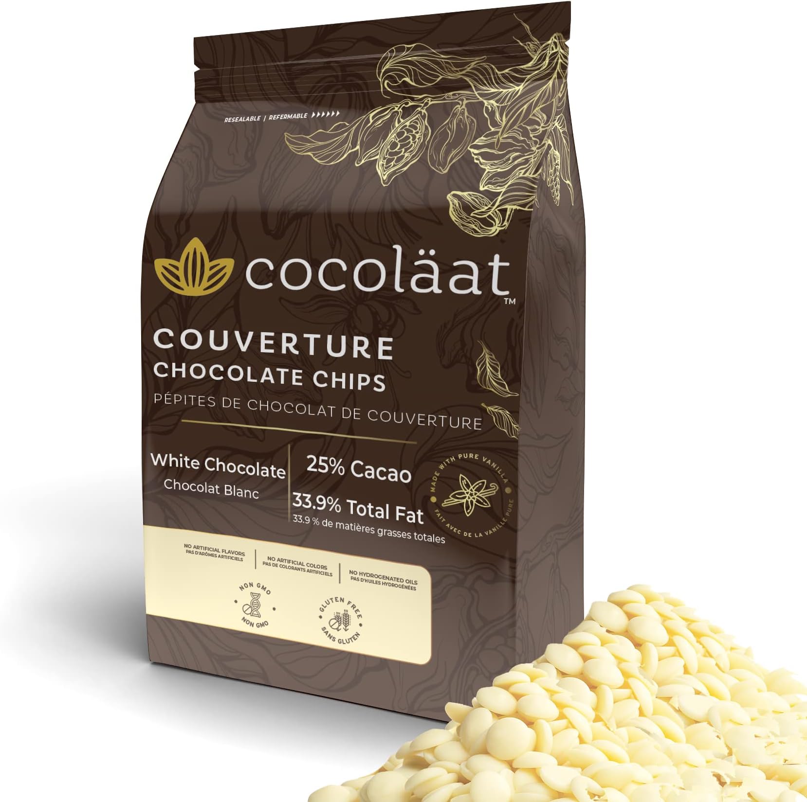 Cocolaat White Couverture Chocolate Chips | 25.9% Cocoa, Low Fluidity | Resealable Stand Up Pouch | 2 LB