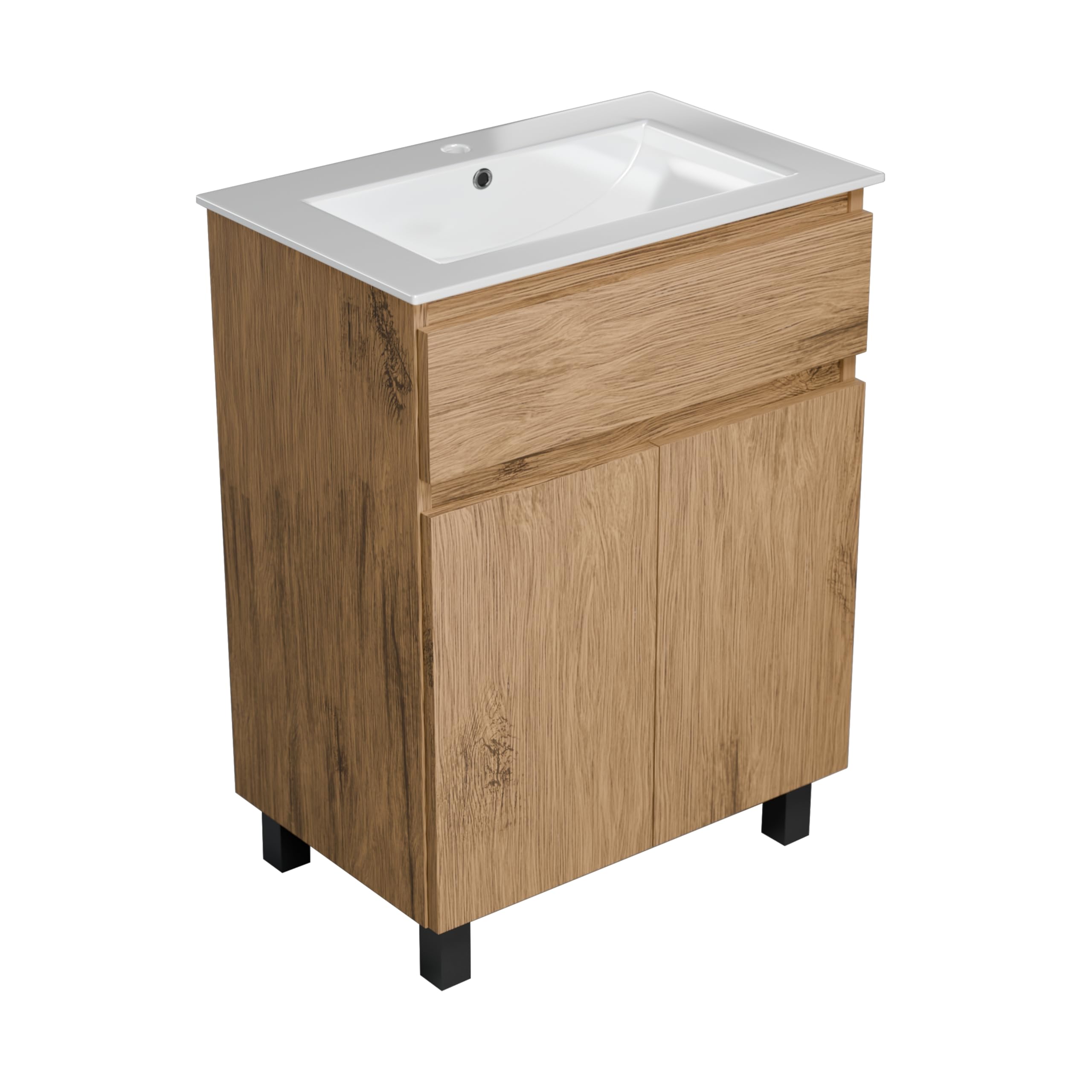 Meuble Salle de Bain 60 cm avec Vasque Ariza Sink | Meuble sous lavabo avec 1 tiroir et 2 Portes | Suspendu ou Debout | Bois Chêne