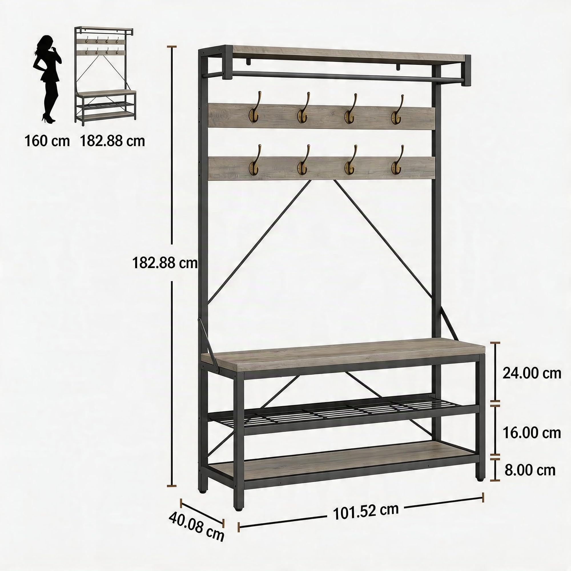 Garderobe mit Schuhbank, Flurgarderobe Industriedesign, 101x40x183 cm