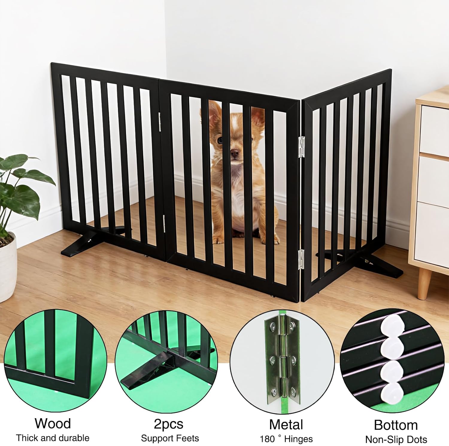 Dog Gate Indoor, Freestanding Dog Fence for The House, Doorways, Hallways,or Stairs,Pet Gate Foldable Wooden,Expandable 24 Height 3 Panels,Black