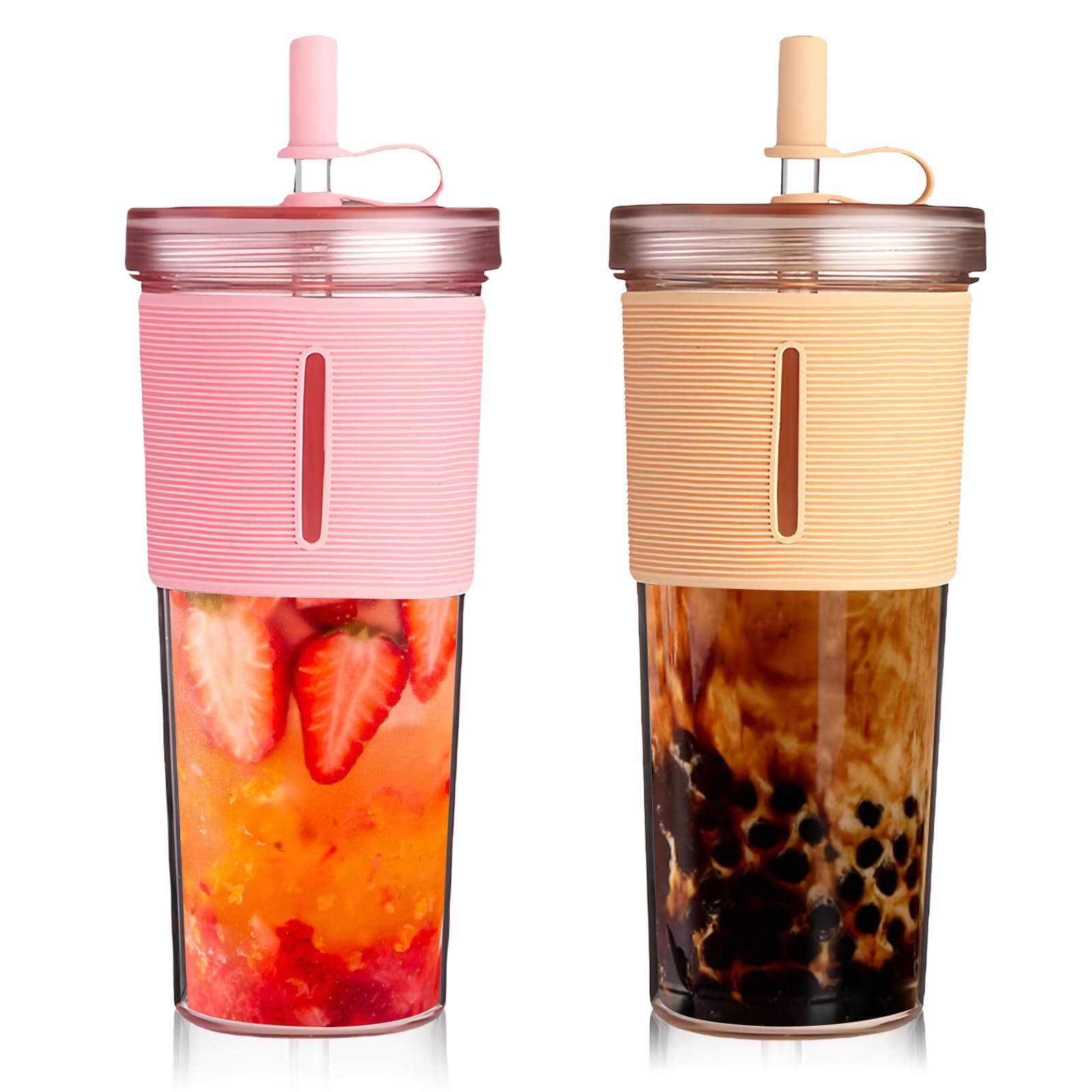 Bicchiere da 710 ml con coperchio e cannuccia, 2 bicchieri da tè con cannuccia, bicchieri di plastica con coperchio, bicchieri con paglia, per smoothie, per caffè freddo, tazza (rosa, cachi)