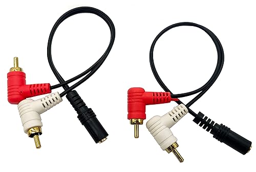 Halokny Paquete de 2 cables adaptadores de 0138in a 2RCA chapado en oro de 10 pulgadas en ángulo derecho TRS estéreo hembra a 90 grados doble RCA