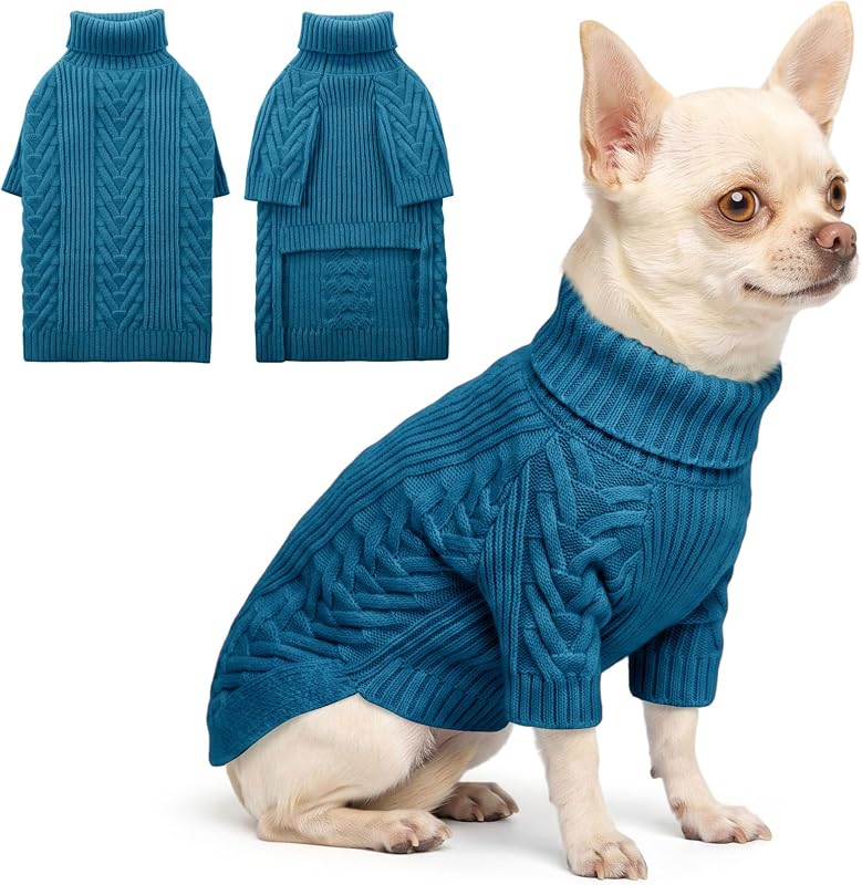 Suéter de Gola Alta para Cães Pequenos ASENKU em Veludo Ártico Teal Blue XS