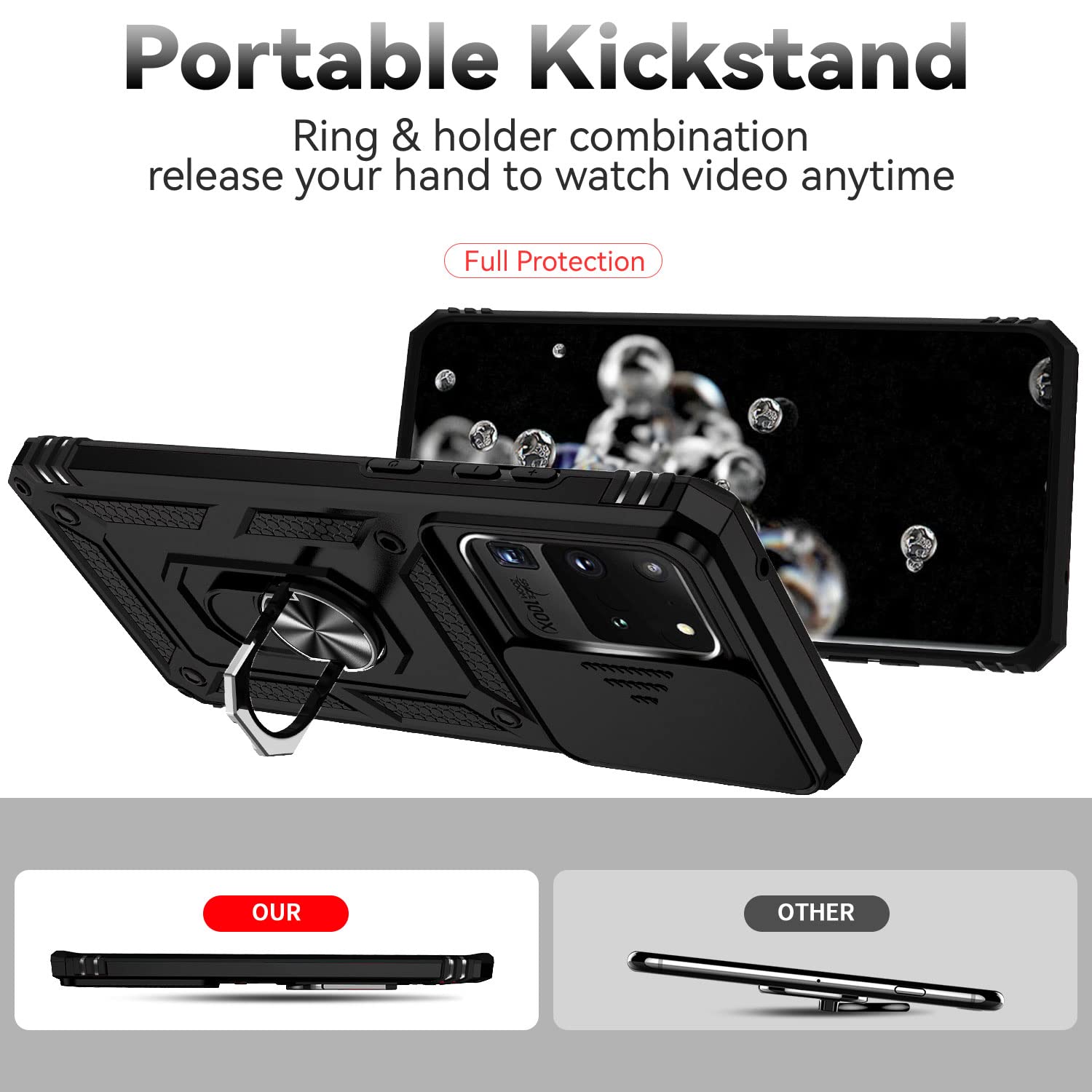 Jiyu Funda Compatible con Samsung Galaxy S20 Ultra 5G Carcasă Armor Militar Cubierta de Cámara Deslizante Proteger Fundas con 360 Full Protección Anillo Soporte Silicona Estuche Cover Case,Negro — view 6
