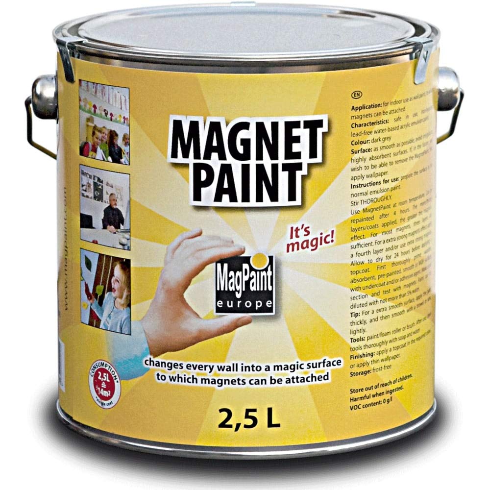 Magnetic Paint - Water Based Acrylic Paint - Strong Magnetic Pull - Perfect for Sticking Up Notes, Memos & Photos - Safe & Child-Friendly - Dark Grey - 5m² Coverage, 2.5L