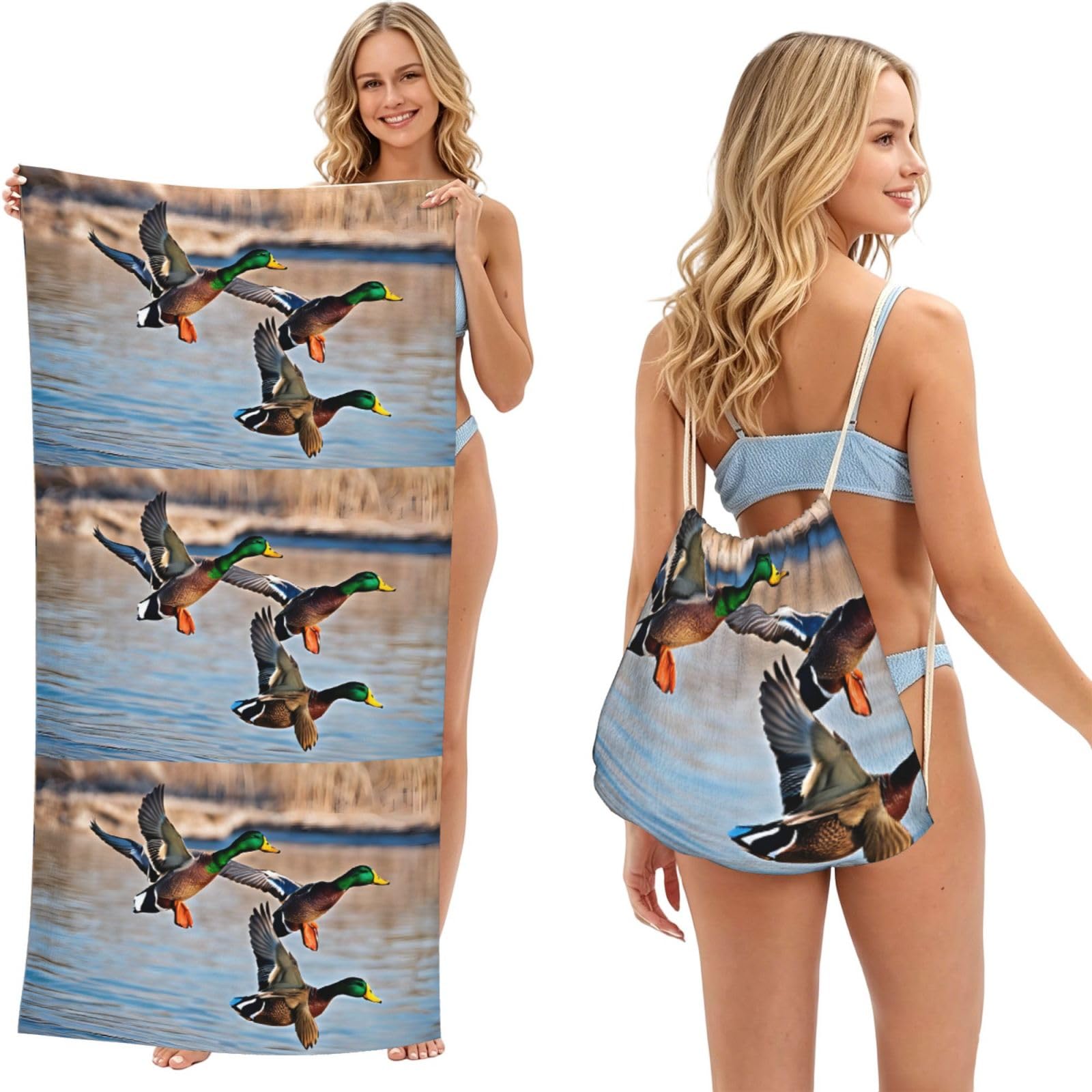 ESNAIUVCD Mallard Ducks Print Beach Towel For Adults,Towel With Drawstring Bag, Travel Pool Swimming Sports Shower Sand Free Quick Dry Bath Towel For Pool, Beach, Yoga- 180x60cm