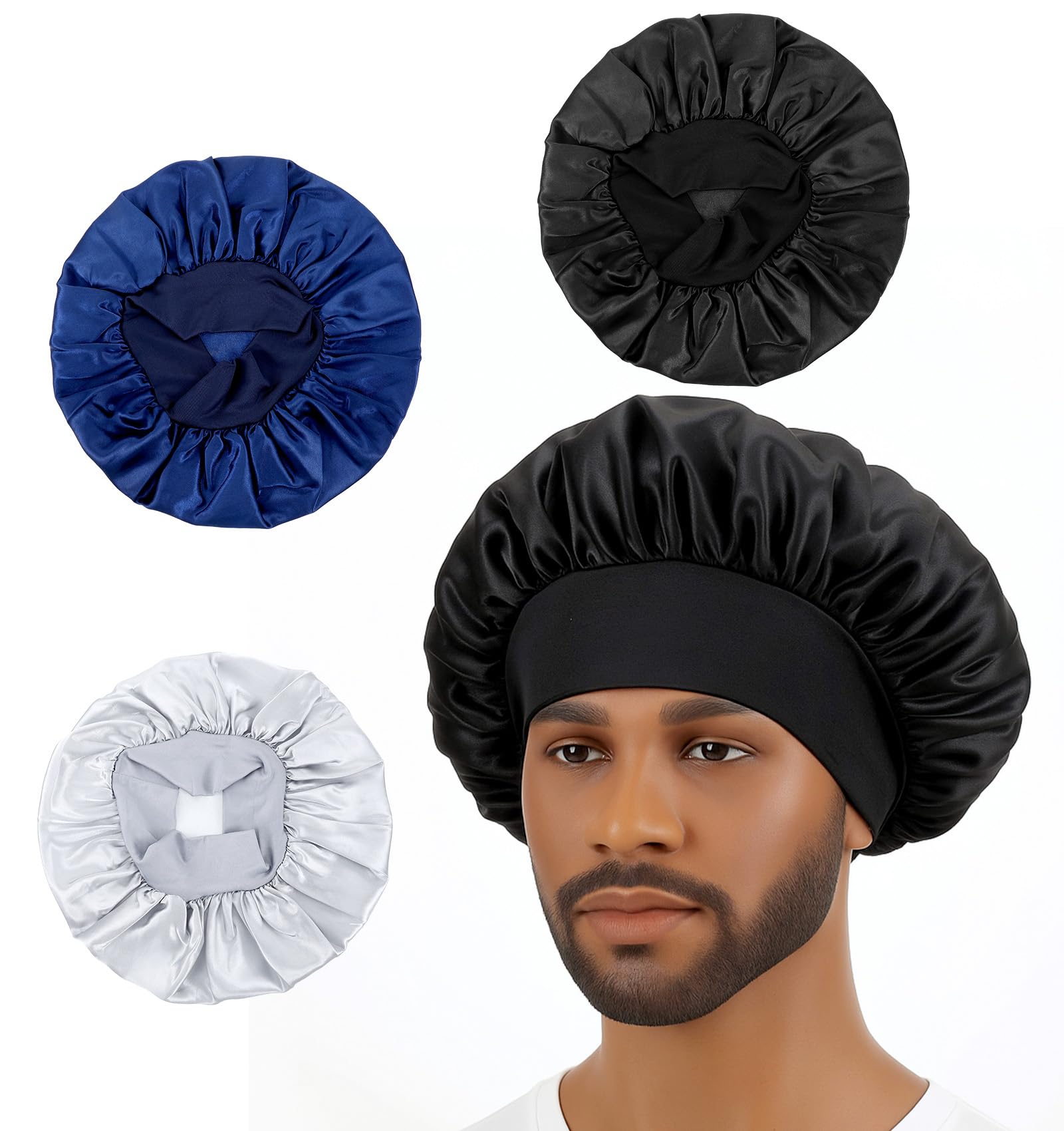 3Pcs Bonnet for Men, Mens Bonnet Double Layer Satin Sleep Cap