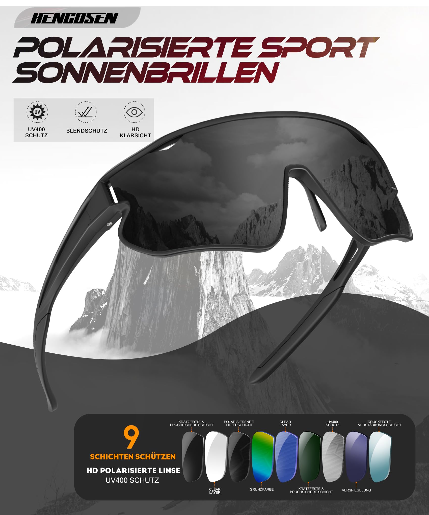 HENGOSEN Sport-Sonnenbrille Polarisiert-Sonnenbrille Herren-Damen Fahrradbrille: Sportarten Radfahren Laufen UV400 Schutz