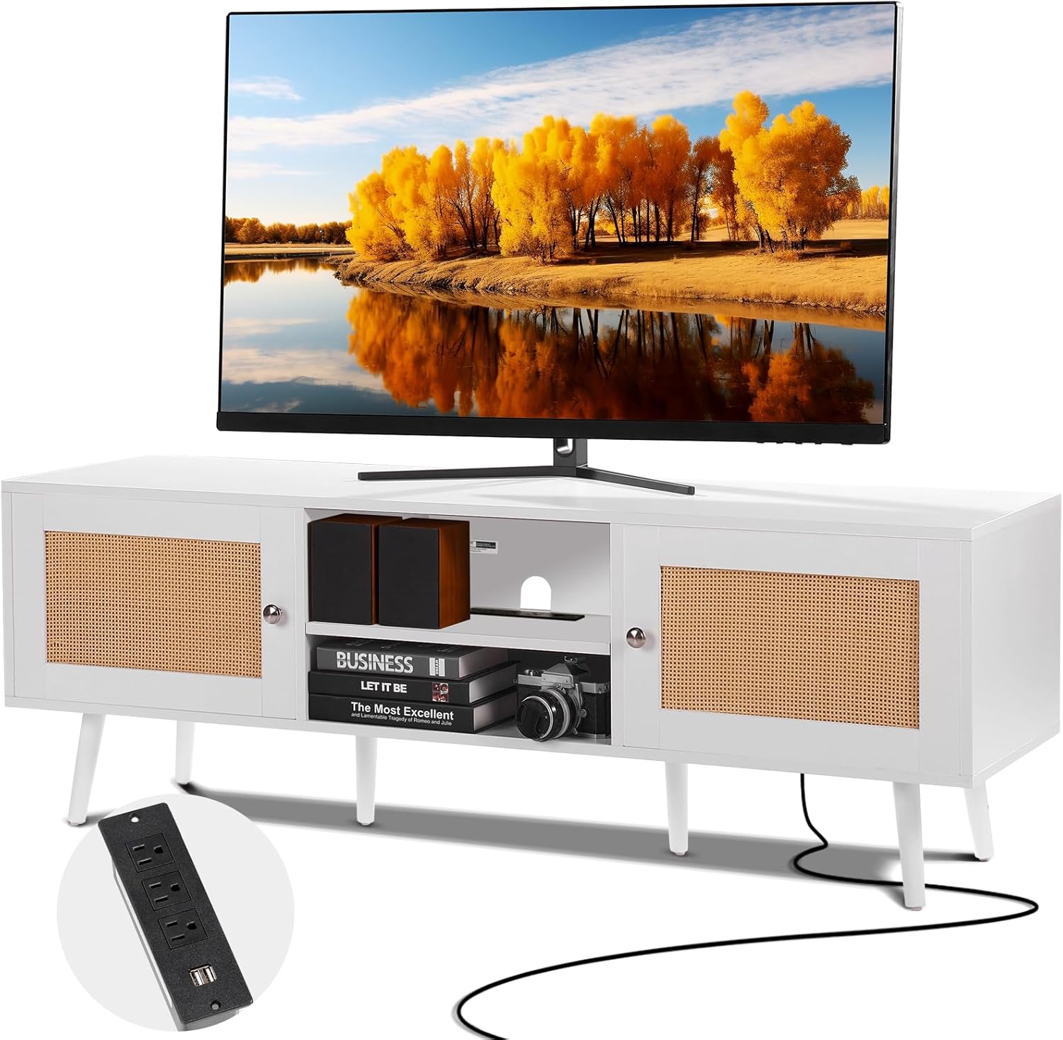 VEVOR Rattan TV Stand for 65 inch TV, Boho TV Stand with Rattan Door, Entertainment Center with Build-in Socket and USB Ports, Modern TV Console for Living Room, Media Room, White